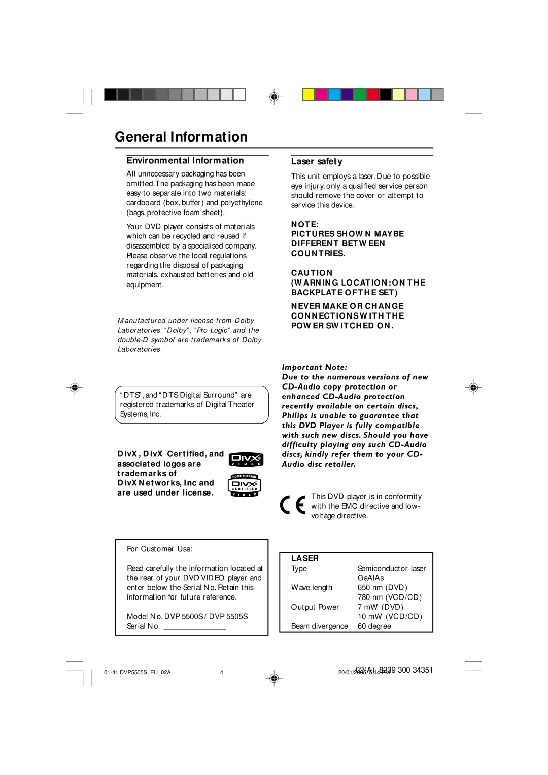 Philips DVP5500S user manual General Information, Environmental Information, Laser safety 