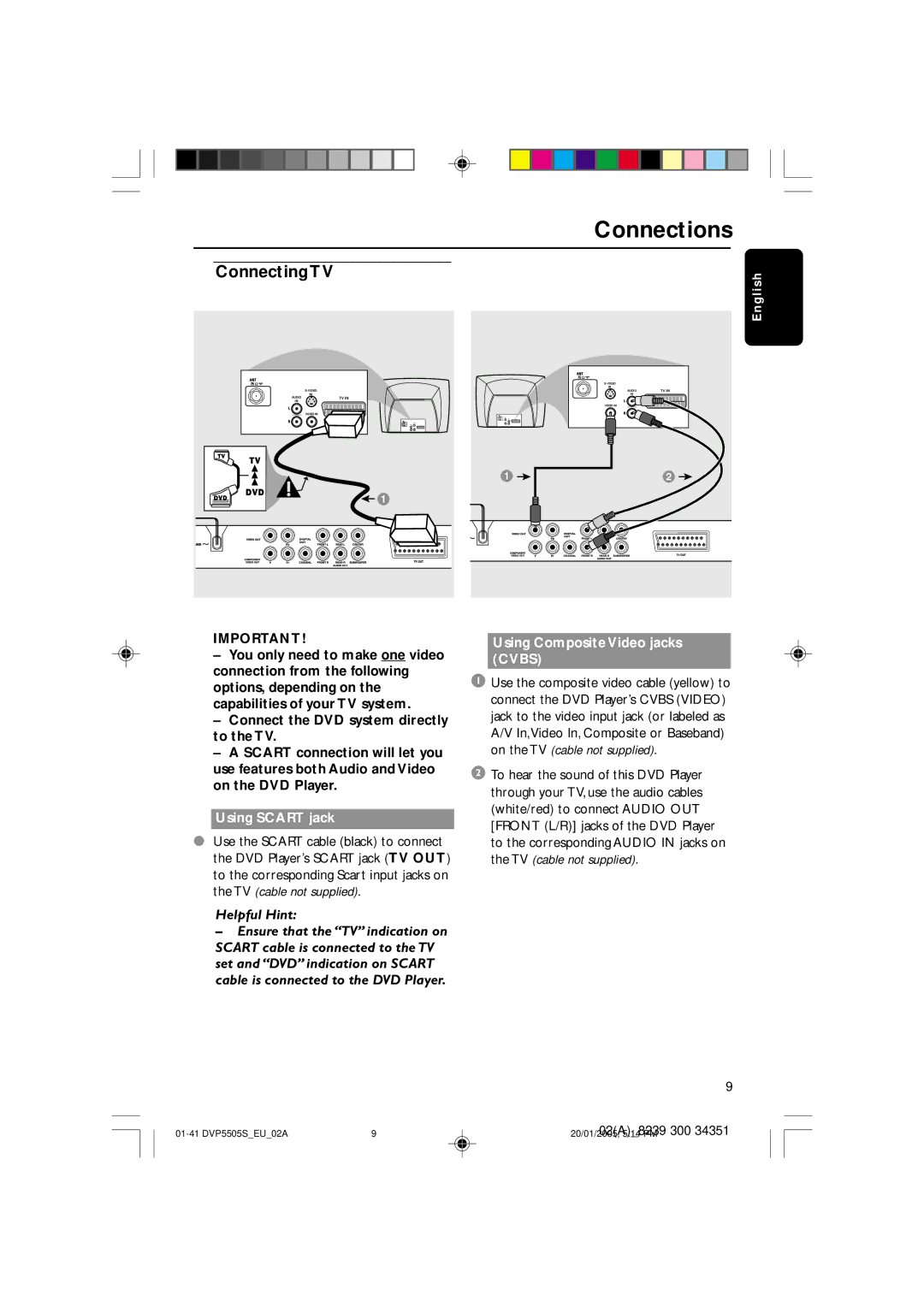 Philips DVP5500S user manual Using Scart jack, Using Composite Video jacks Cvbs 