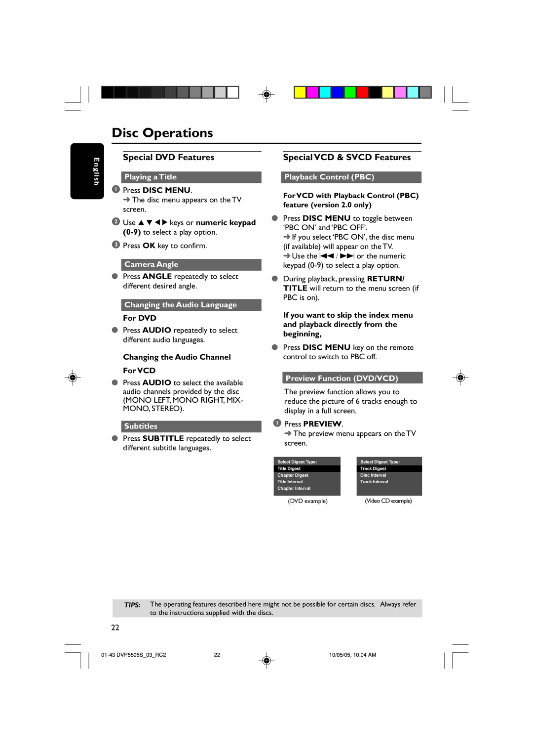 Philips DVP5500S/03 user manual Special DVD Features, Special VCD & Svcd Features 