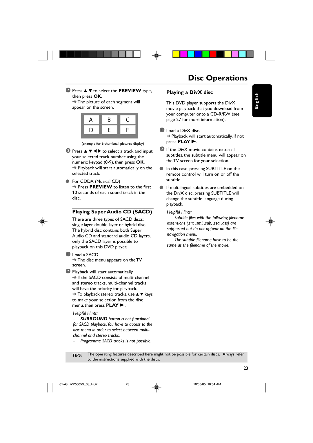 Philips DVP5500S/03 user manual Playing Super Audio CD Sacd, Playing a DivX disc 