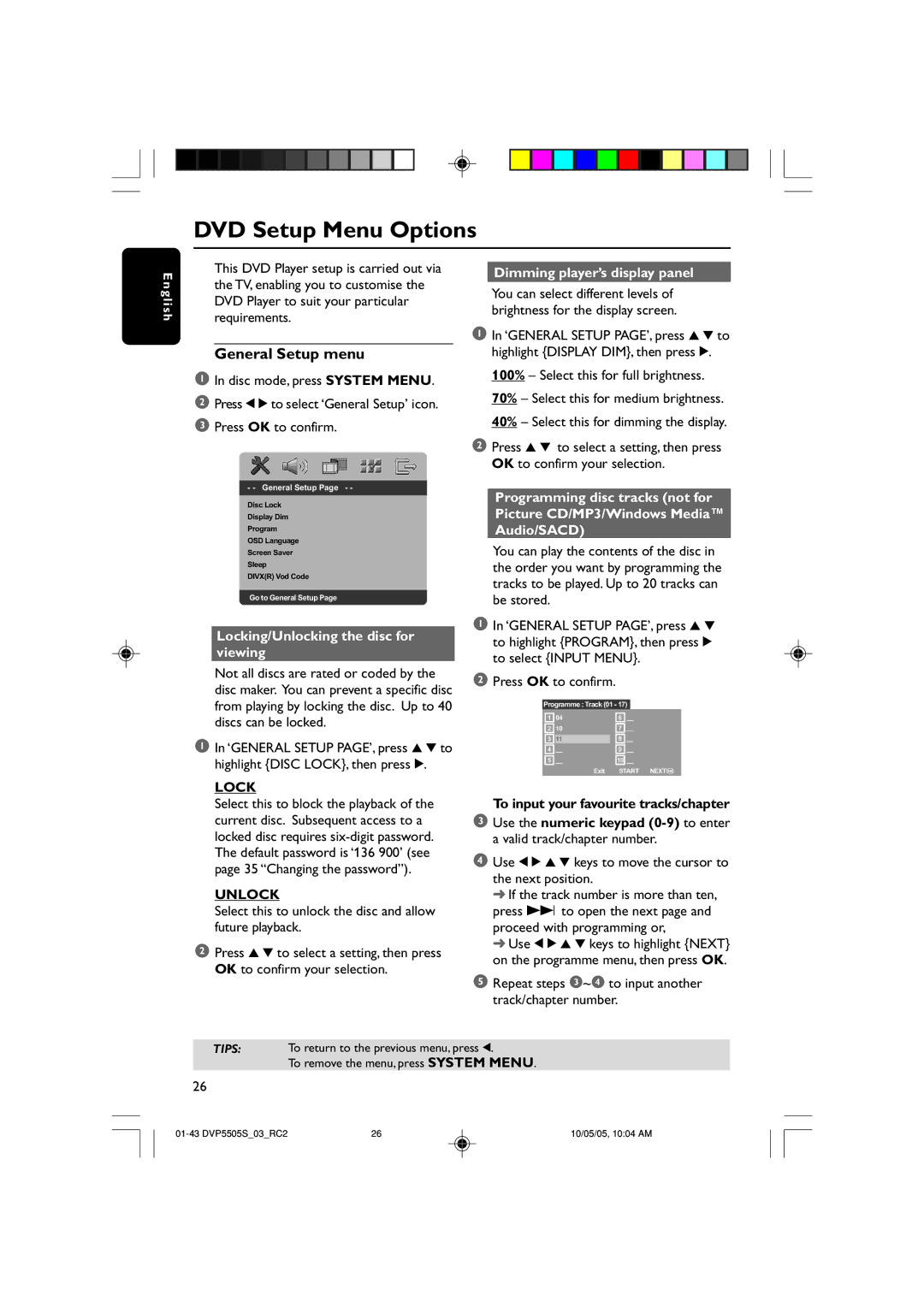 Philips DVP5500S/03 user manual DVD Setup Menu Options, General Setup menu, Lock, Unlock 