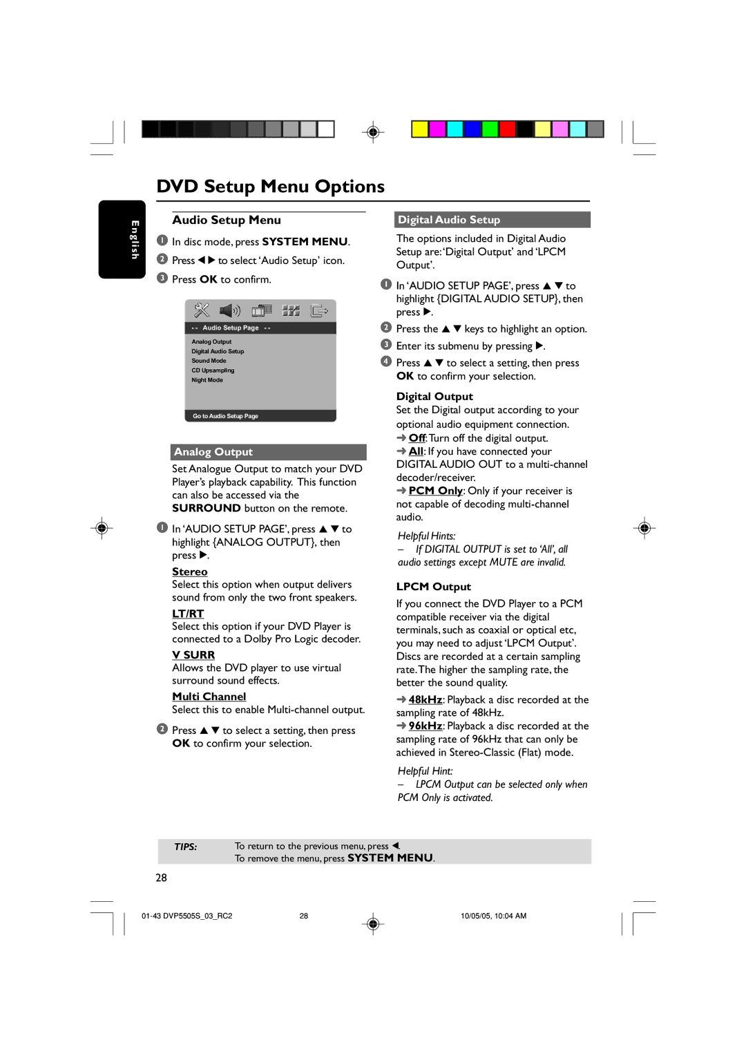 Philips DVP5500S/03 user manual Audio Setup Menu, Analog Output, Lt/Rt, Surr, Digital Audio Setup 