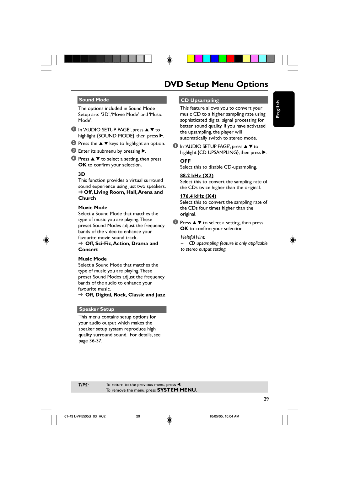 Philips DVP5500S/03 user manual Sound Mode CD Upsampling, Speaker Setup 