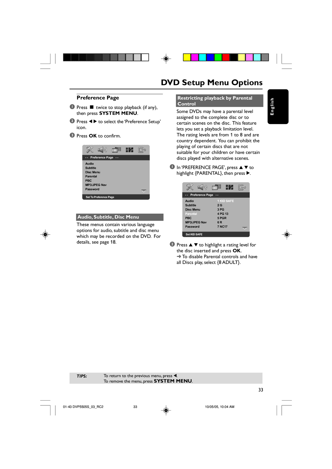 Philips DVP5500S/03 user manual Preference, Audio, Subtitle, Disc Menu, Restricting playback by Parental Control 