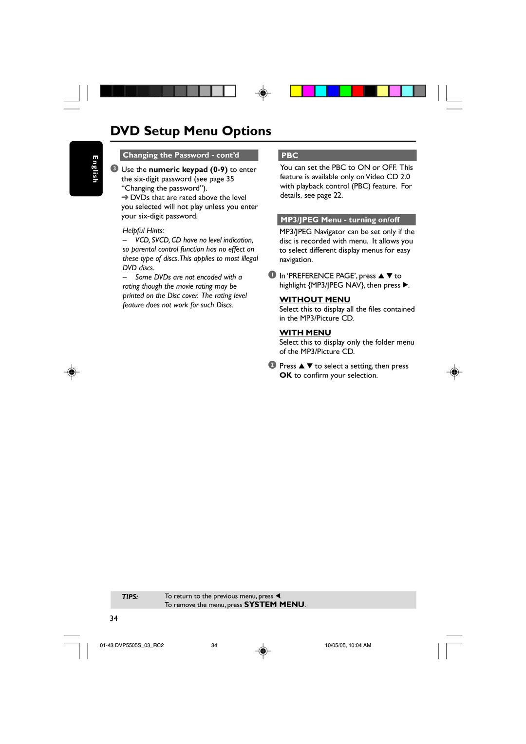 Philips DVP5500S/03 user manual Changing the Password cont’d, MP3/JPEG Menu turning on/off, Without Menu, With Menu 