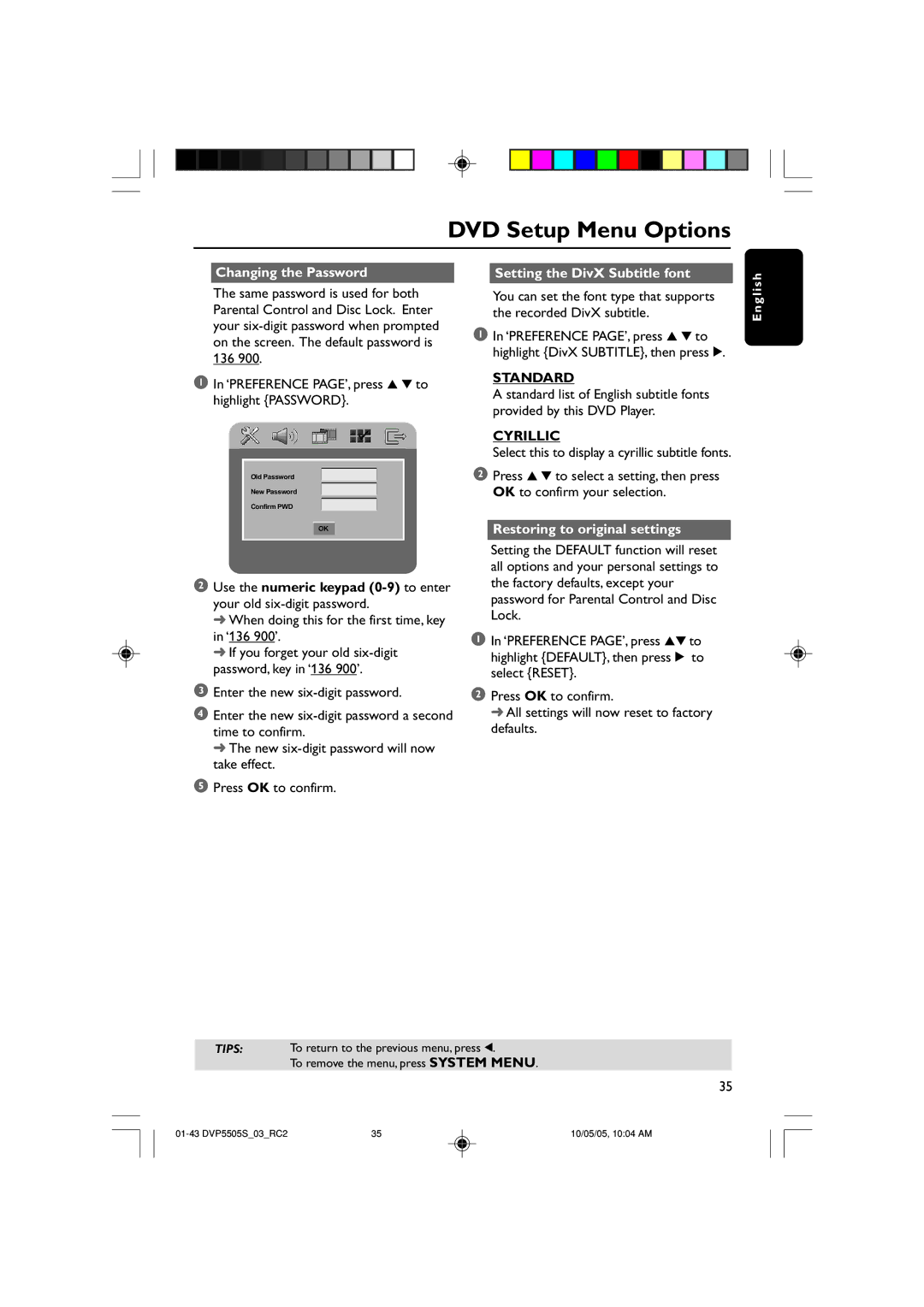 Philips DVP5500S/03 Changing the Password Setting the DivX Subtitle font, Cyrillic, Restoring to original settings 