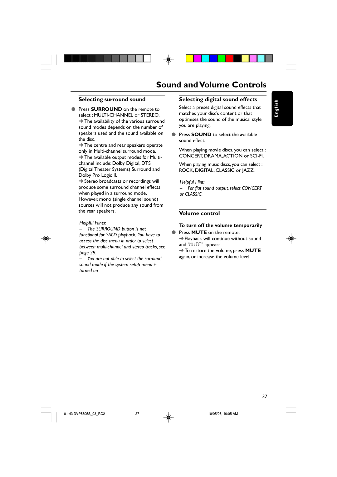 Philips DVP5500S/03 user manual Selecting surround sound, Selecting digital sound effects, Volume control 