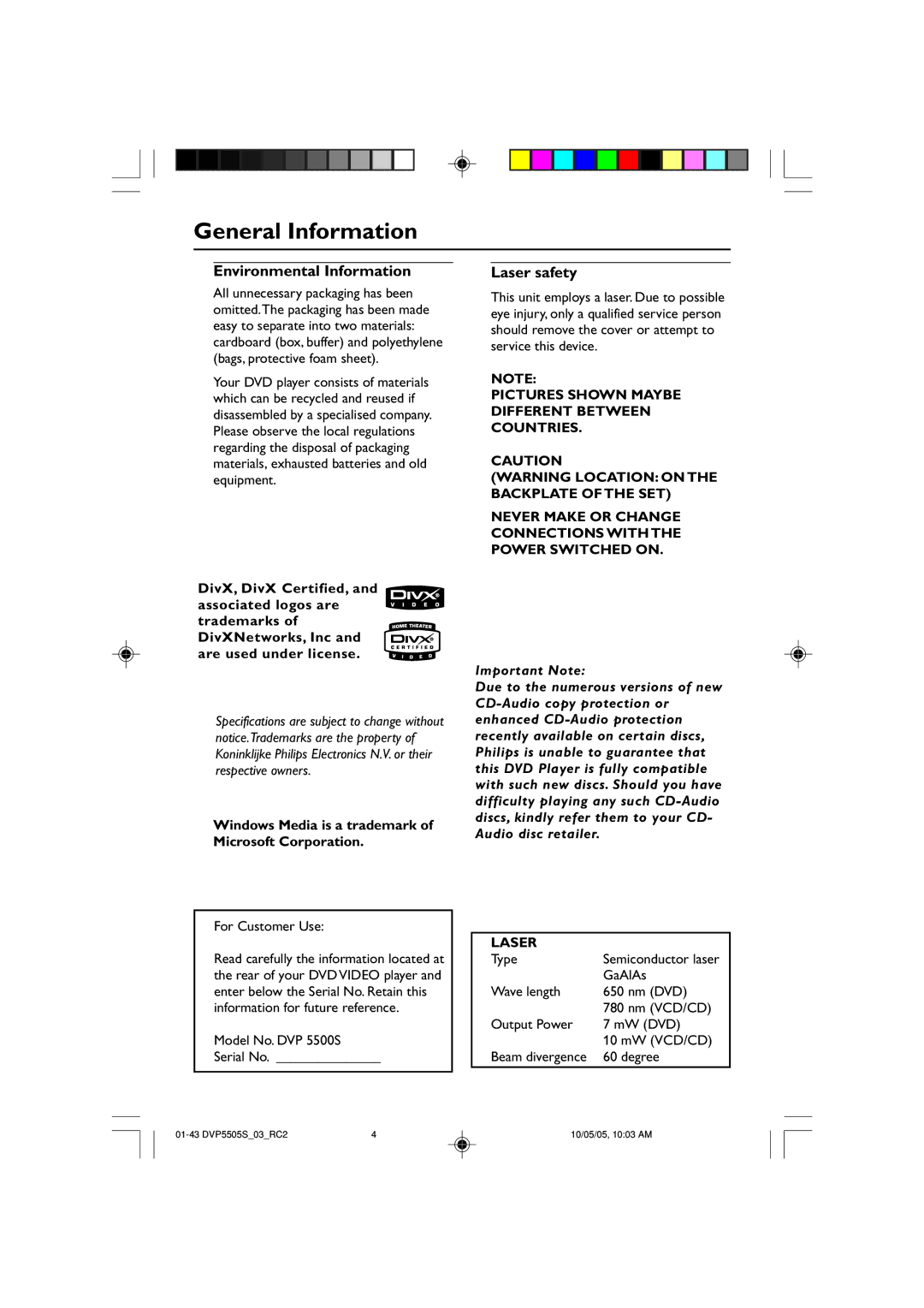 Philips DVP5500S/03 user manual General Information, Environmental Information, Laser safety 