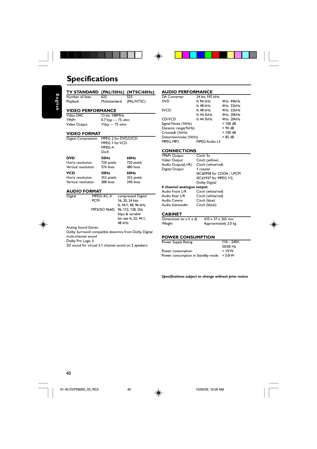 Philips DVP5500S/03 user manual Specifications, Video Format 