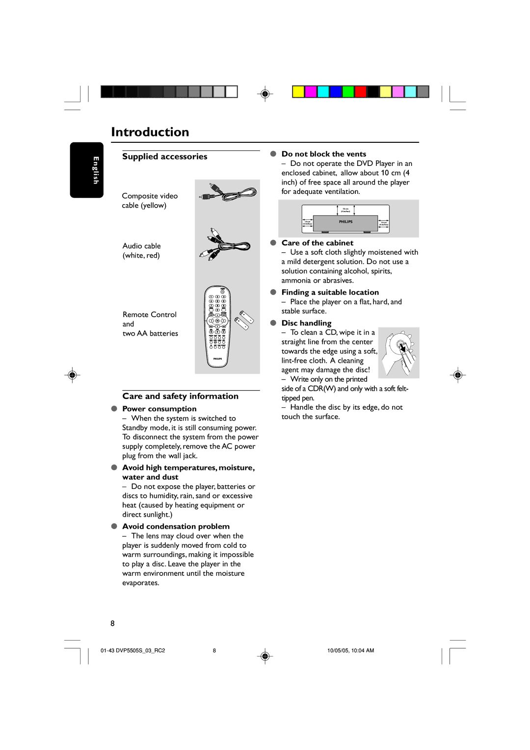 Philips DVP5500S/03 user manual Introduction, Supplied accessories, Care and safety information 