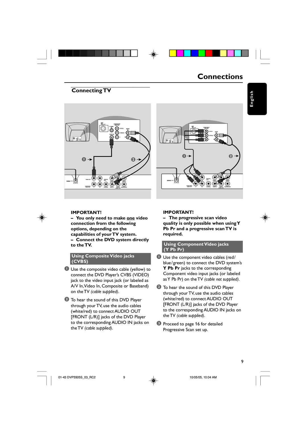 Philips DVP5500S/03 user manual Using Composite Video jacks Cvbs, Using Component Video jacks Y Pb Pr 