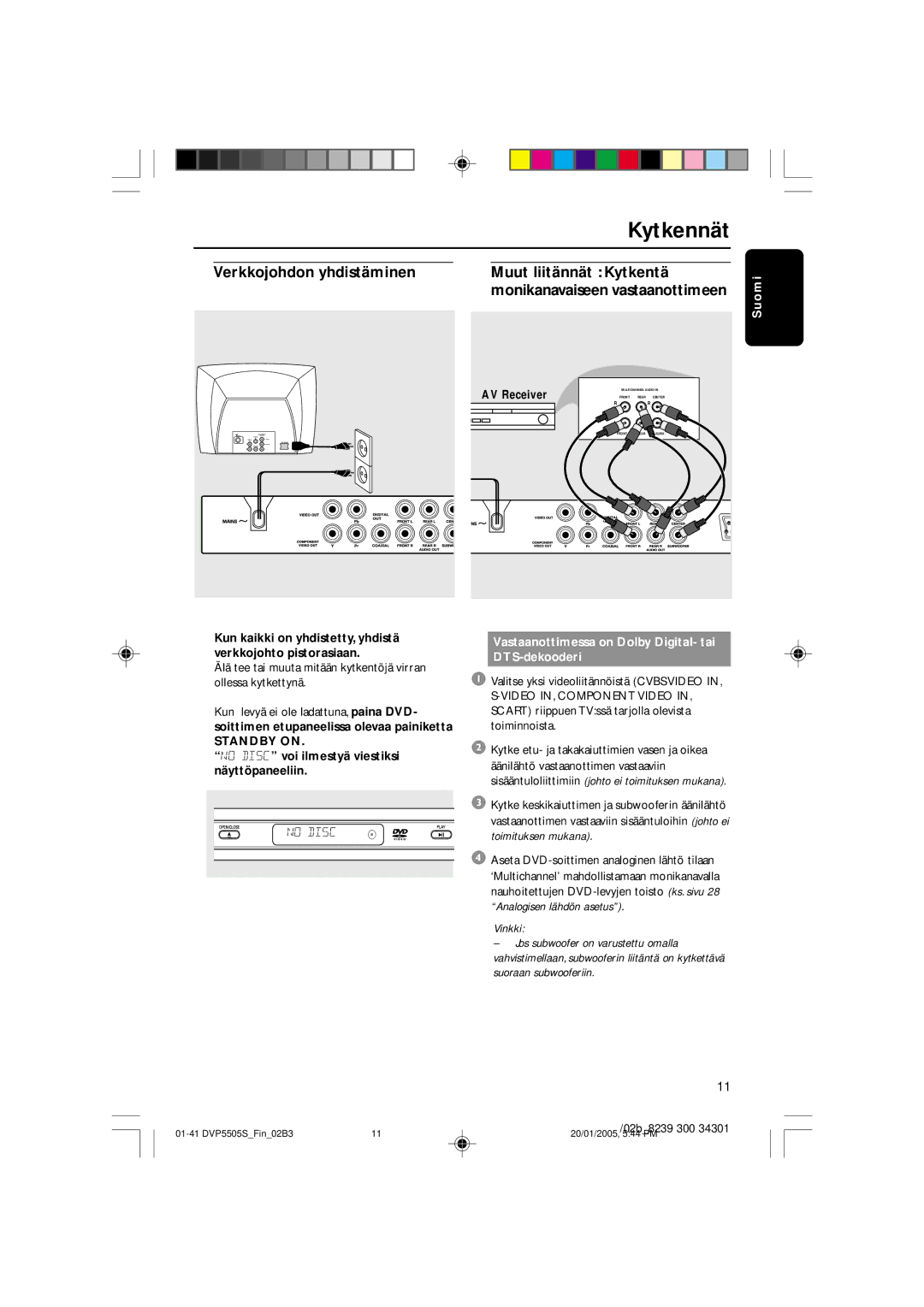 Philips DVP5505S user manual Suo, Standby on, No Disc voi ilmestyä viestiksi näyttöpaneeliin 