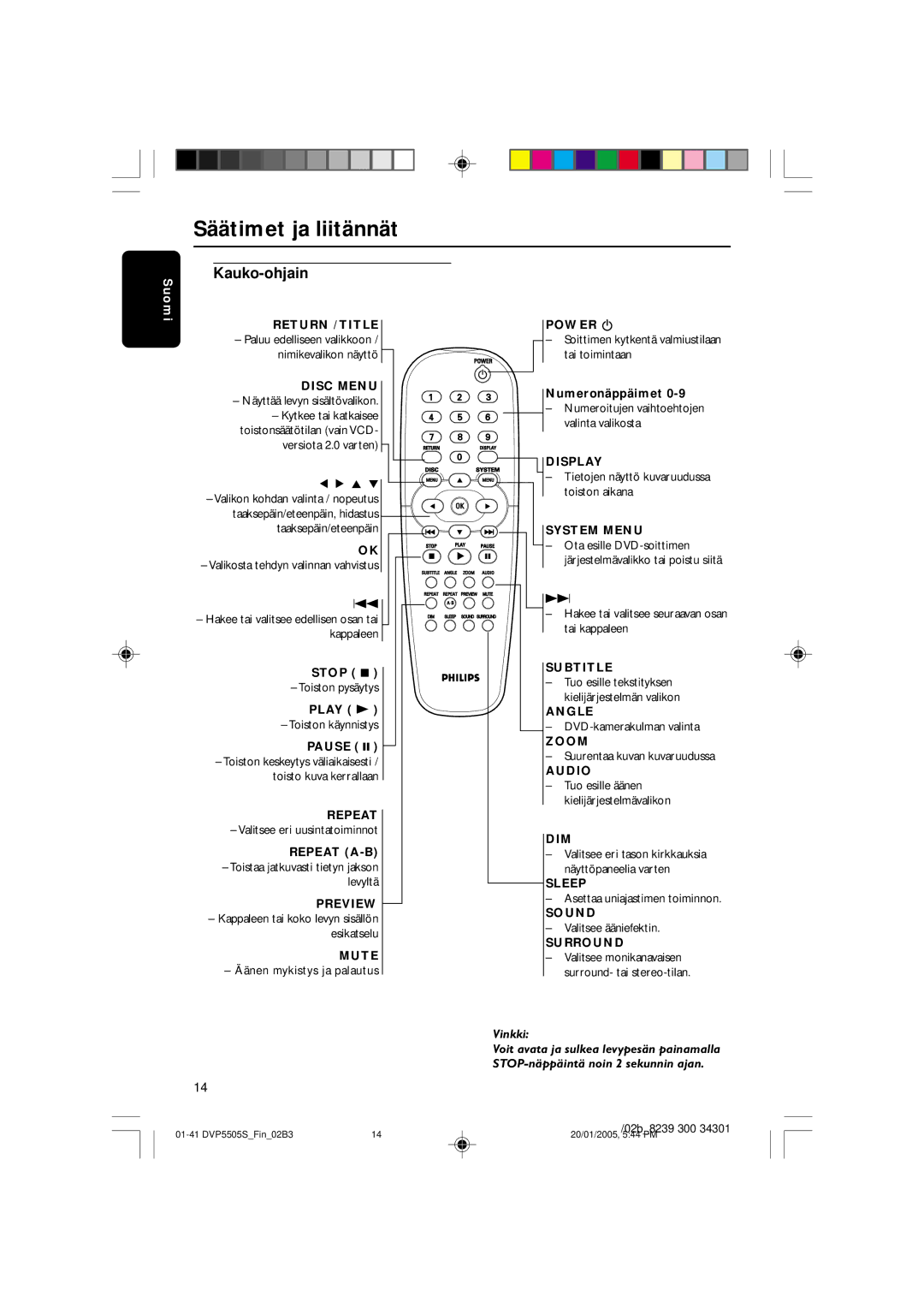 Philips DVP5505S user manual Kauko-ohjain 