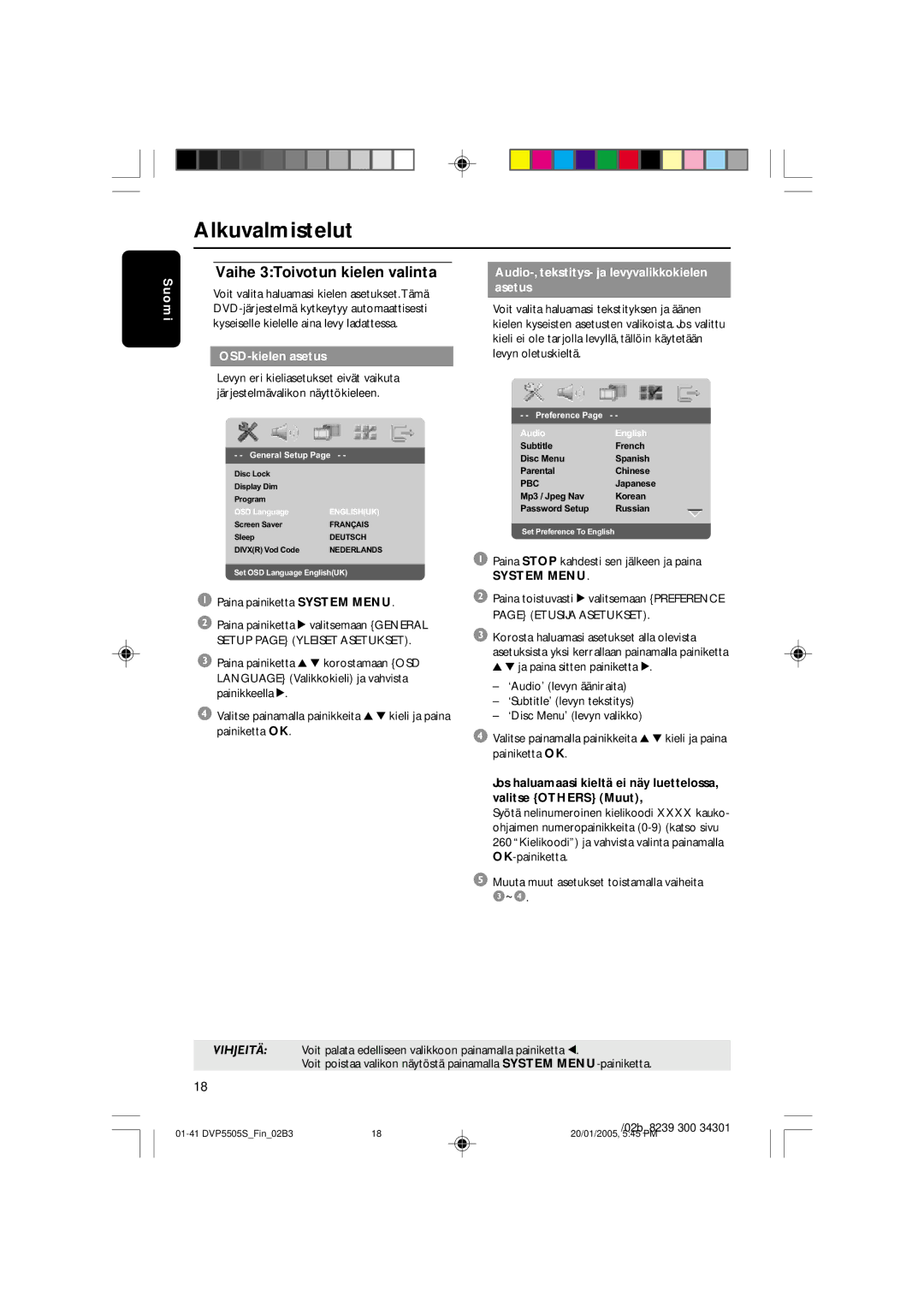 Philips DVP5505S user manual Vaihe 3Toivotun kielen valinta, OSD-kielen asetus, Paina painiketta System Menu 