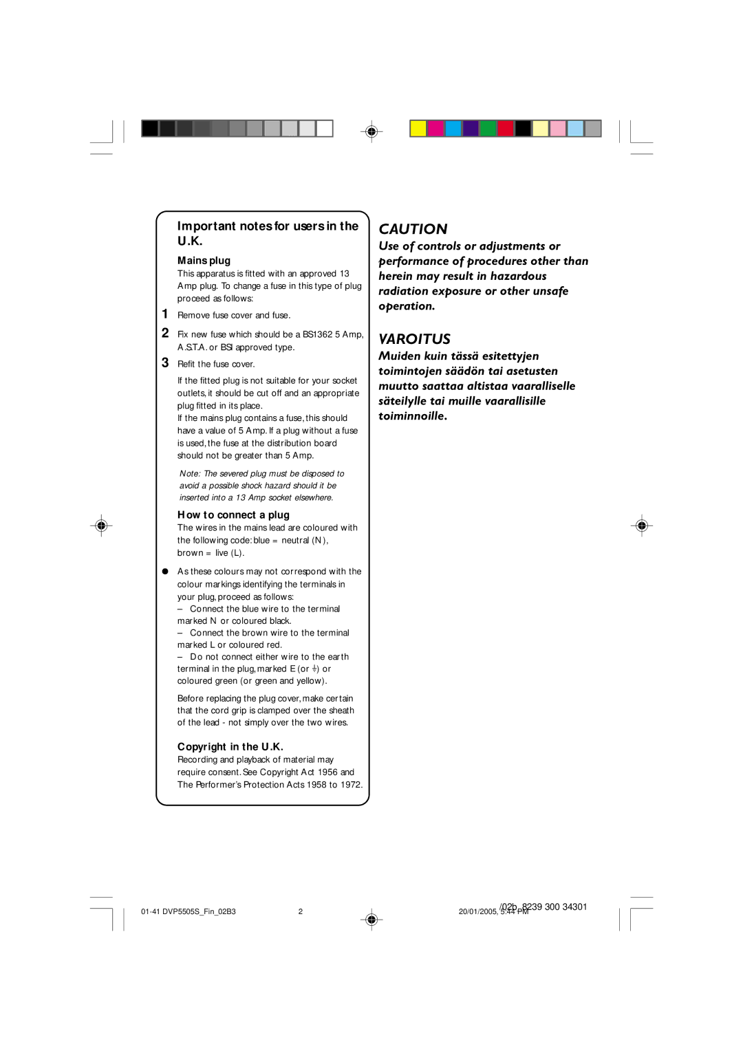 Philips DVP5505S user manual Important notes for users in the U.K, Mains plug, How to connect a plug, Copyright in the U.K 