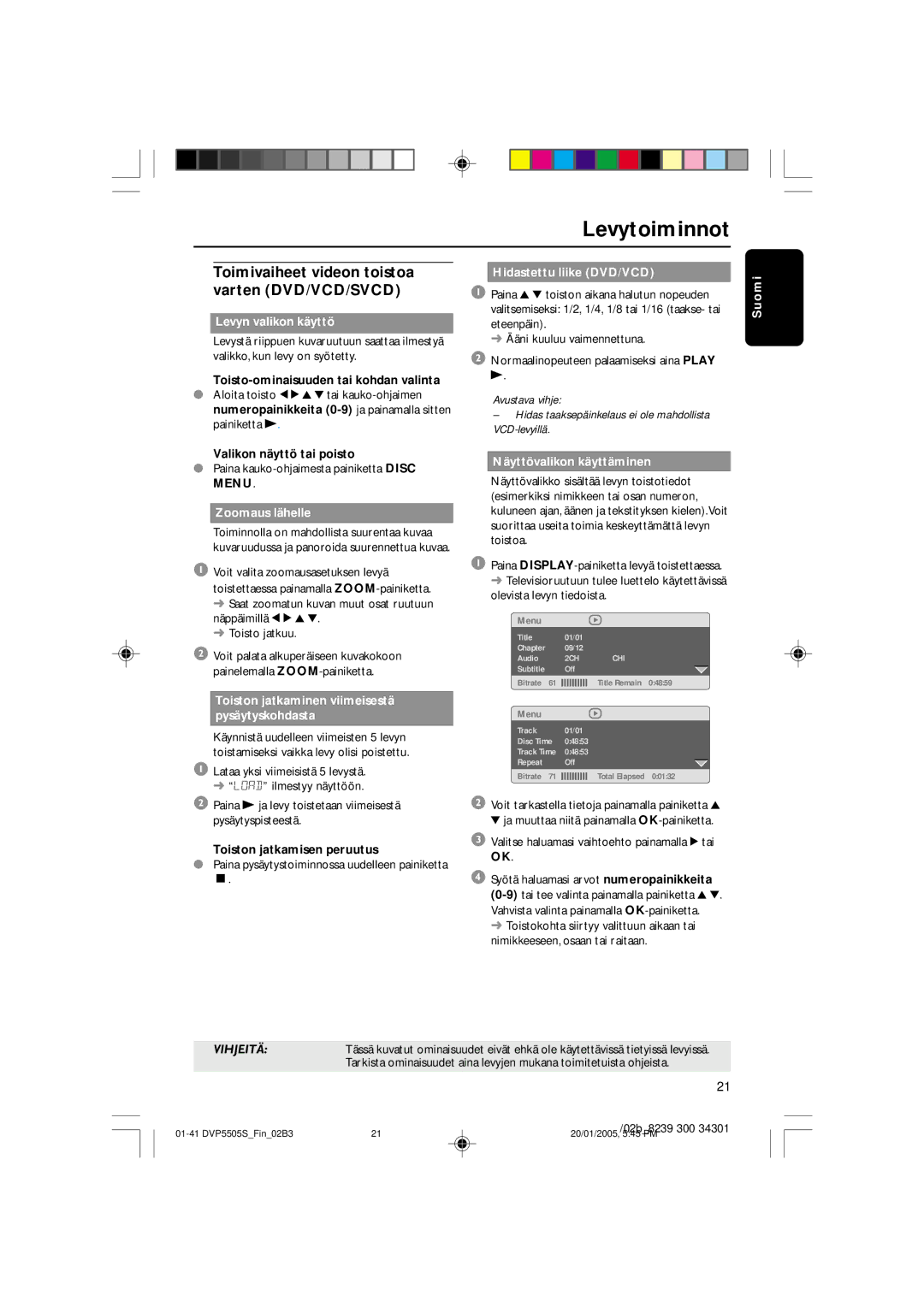 Philips DVP5505S user manual Toimivaiheet videon toistoa varten DVD/VCD/SVCD, Levyn valikon käyttö, Zoomaus lähelle 