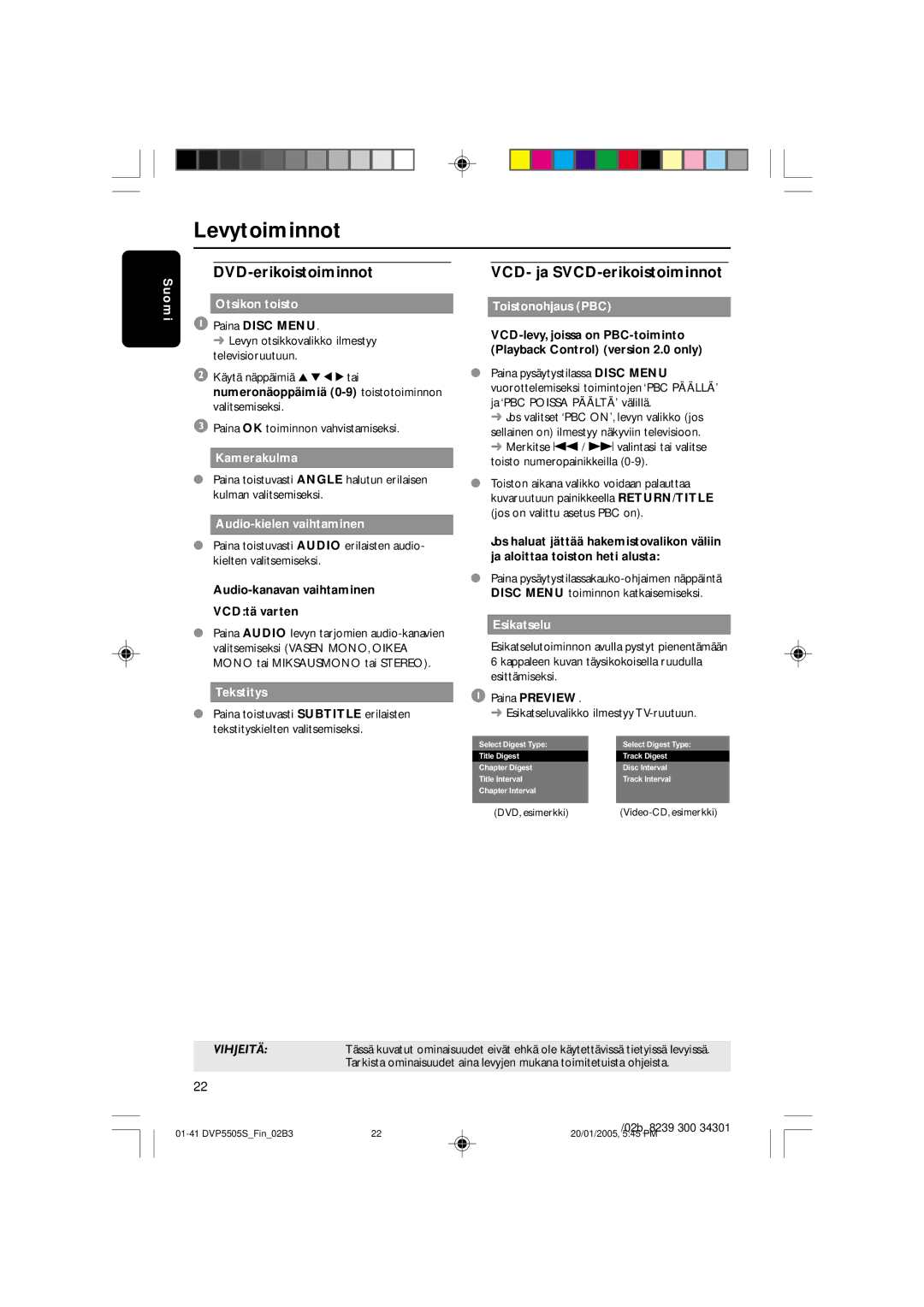 Philips DVP5505S user manual DVD-erikoistoiminnot, VCD- ja SVCD-erikoistoiminnot 