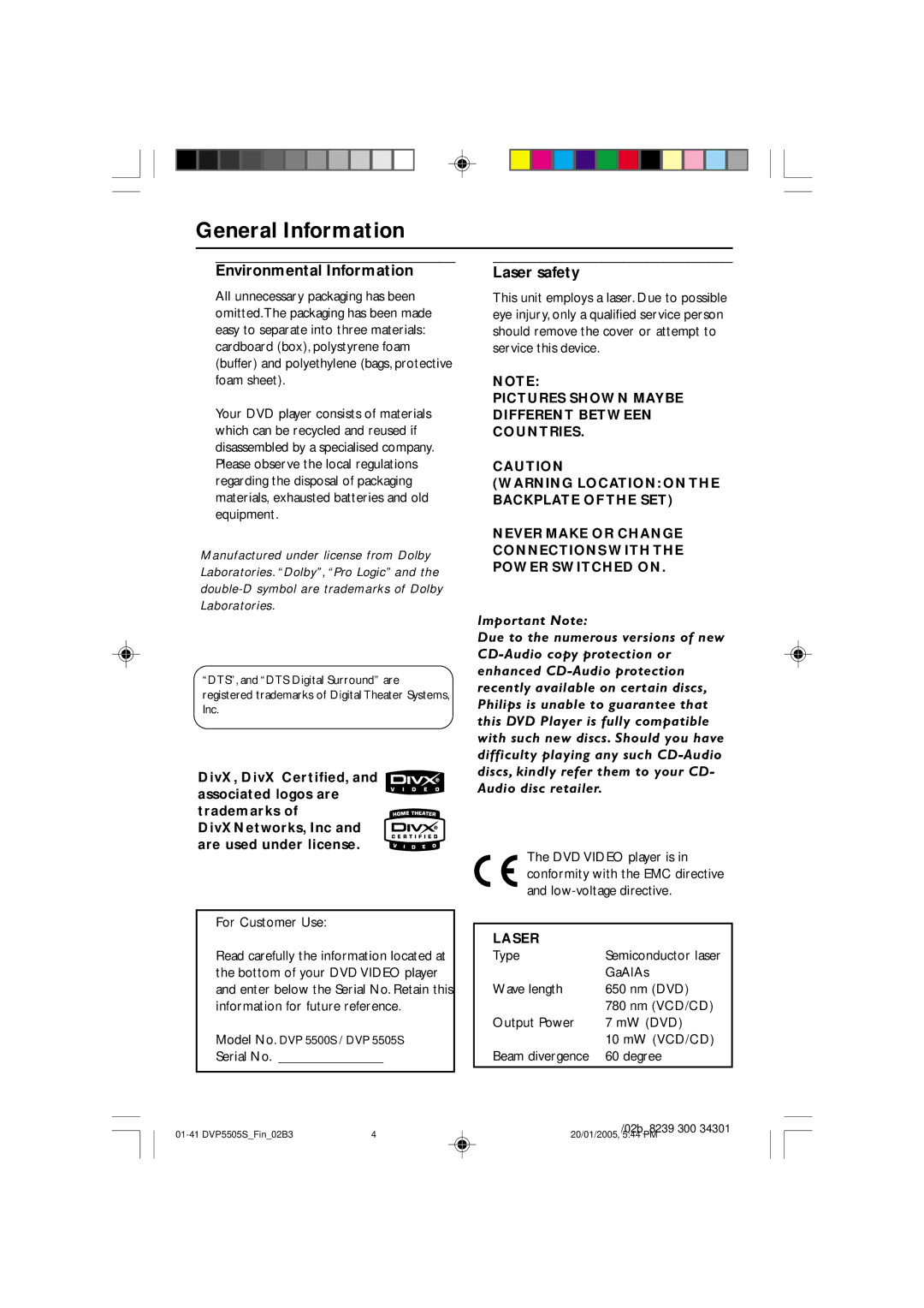 Philips DVP5505S user manual General Information, Environmental Information, Laser safety, Semiconductor laser 