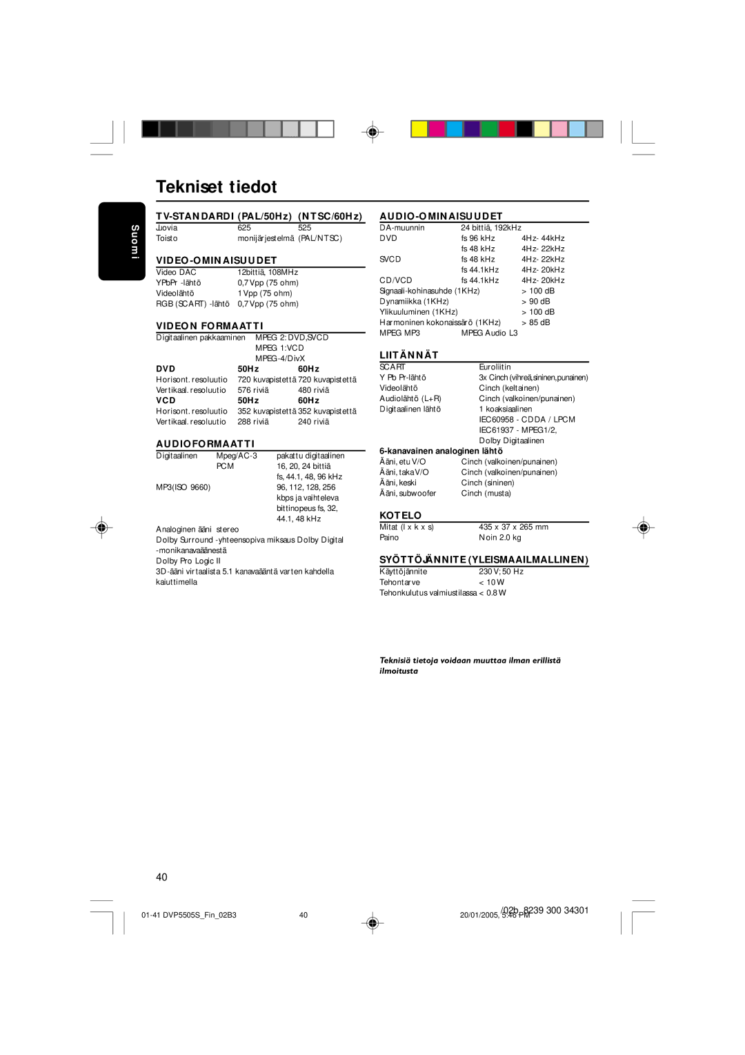 Philips DVP5505S user manual Tekniset tiedot 