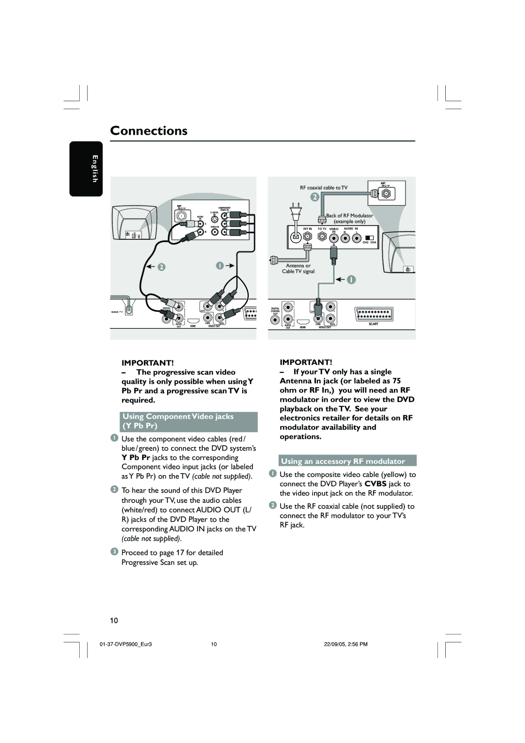 Philips DVP5900 user manual Using Component Video jacks Y Pb Pr, Using an accessory RF modulator 