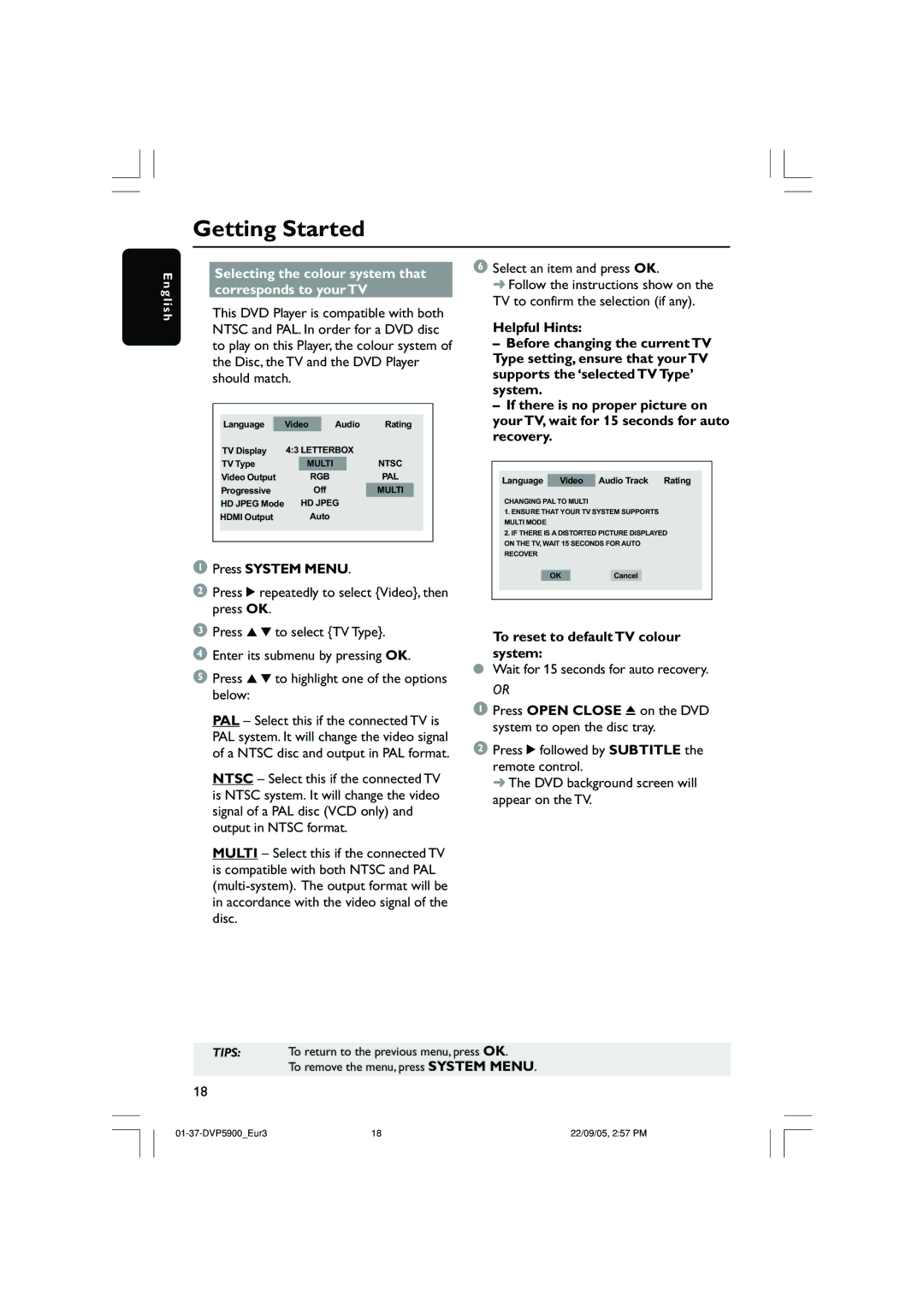 Philips DVP5900 user manual Selecting the colour system that corresponds to your TV, To reset to default TV colour system 