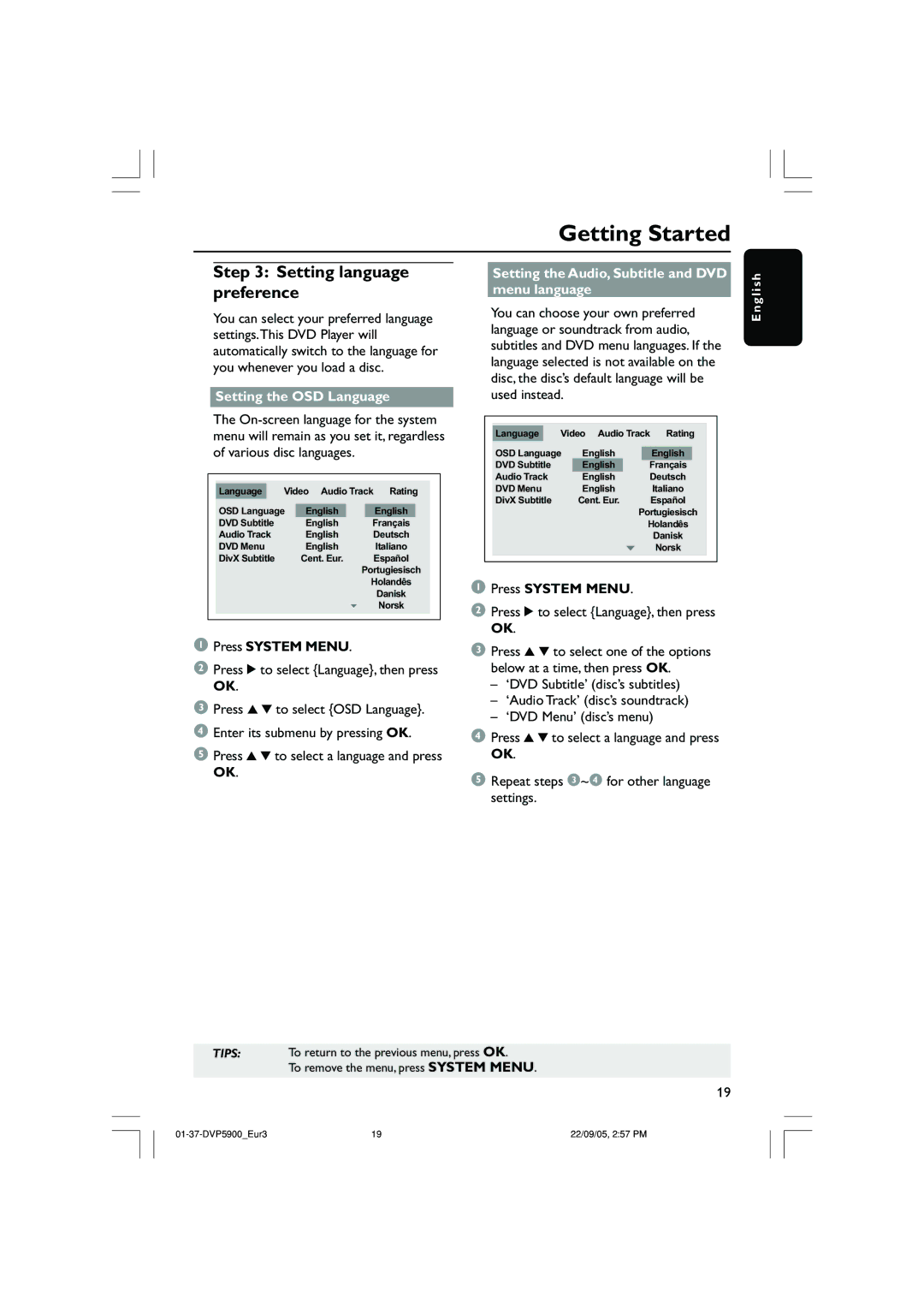 Philips DVP5900 Setting language preference, Setting the OSD Language, Setting the Audio, Subtitle and DVD menu language 