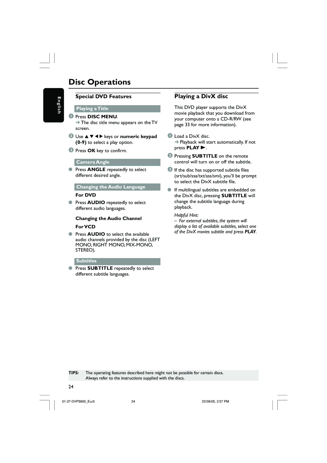 Philips DVP5900 user manual Playing a DivX disc, Playing a Title, Camera Angle, Changing the Audio Language, Subtitles 