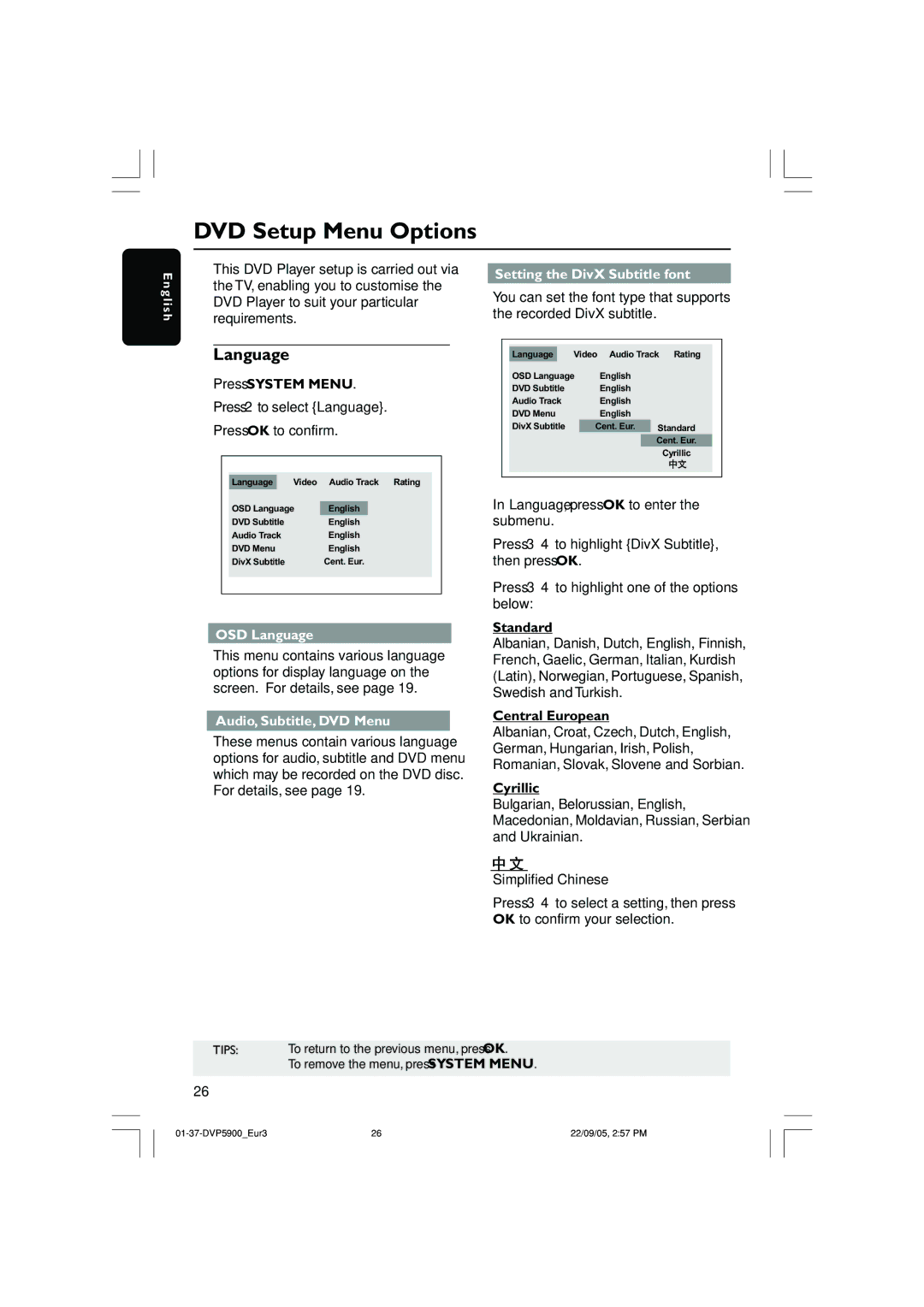 Philips DVP5900 DVD Setup Menu Options, OSD Language, Audio, Subtitle, DVD Menu, Setting the DivX Subtitle font 