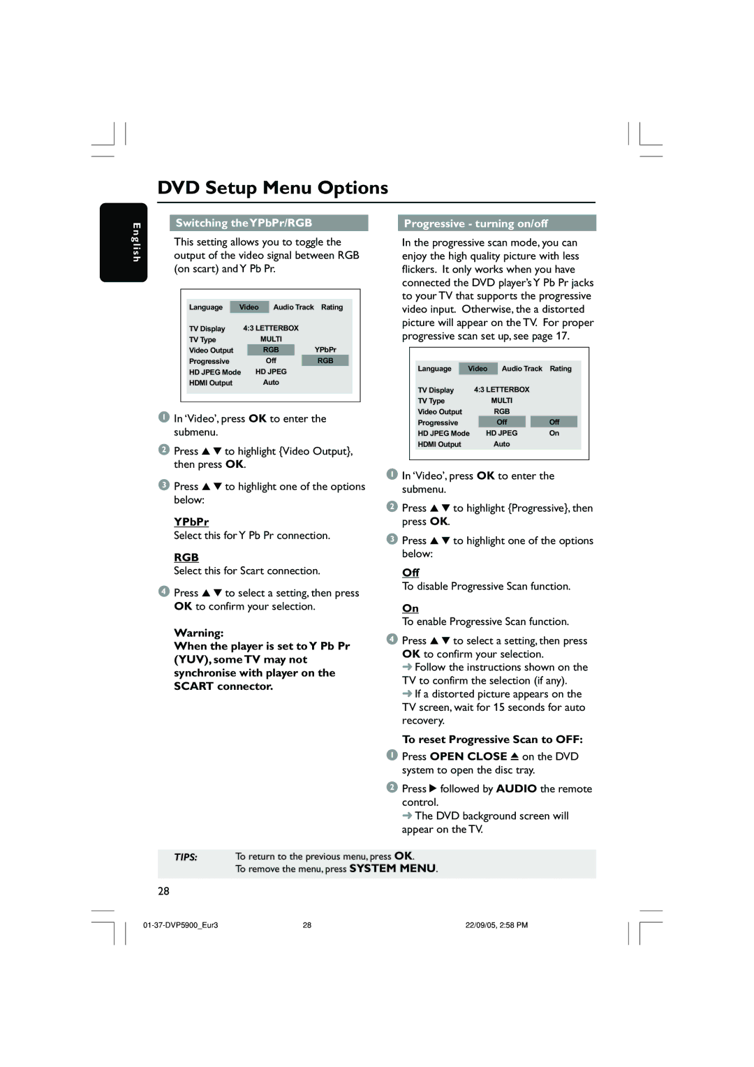 Philips DVP5900 user manual Switching the YPbPr/RGB, Rgb, Progressive turning on/off, Off, To reset Progressive Scan to OFF 