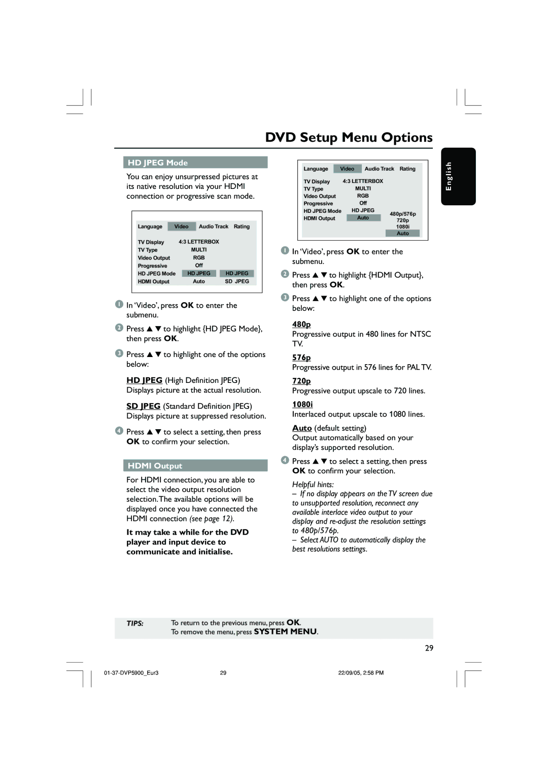 Philips DVP5900 user manual HD Jpeg Mode, Hdmi Output 