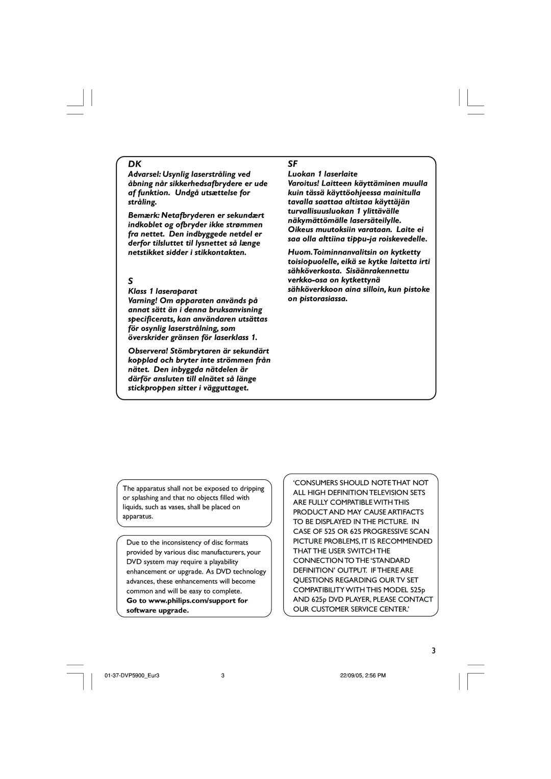 Philips DVP5900 user manual Klass 1 laseraparat 