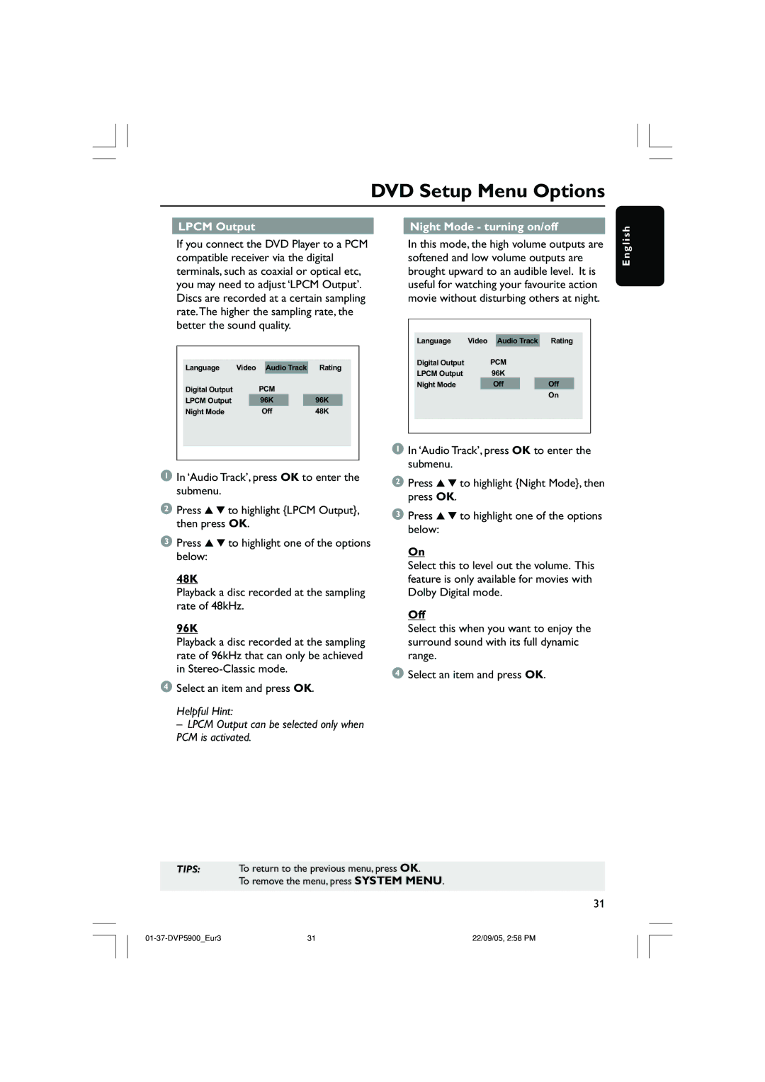 Philips DVP5900 Lpcm Output Night Mode turning on/off, 48K, Playback a disc recorded at the sampling rate of 48kHz, 96K 