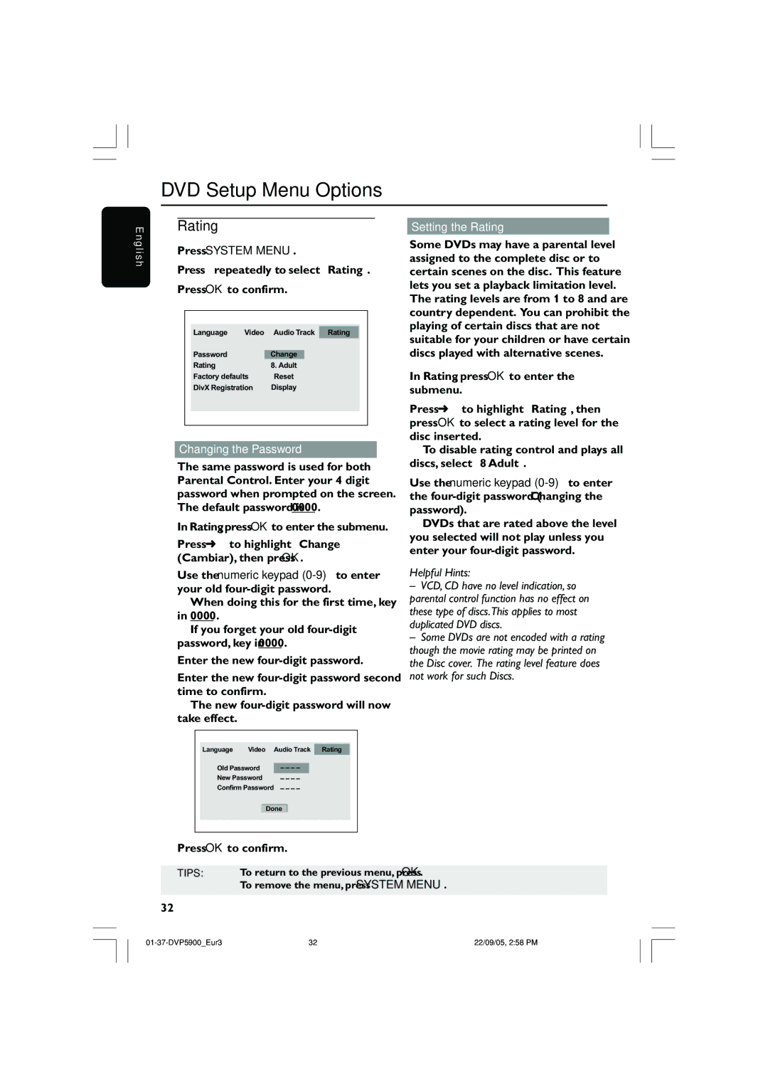 Philips DVP5900 Press 2 repeatedly to select Rating Press OK to confirm, Changing the Password, Setting the Rating 