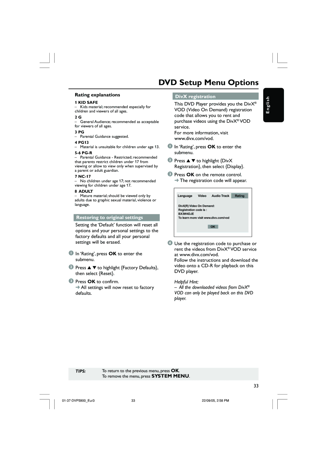 Philips DVP5900 user manual Rating explanations, Restoring to original settings, DivX registration 