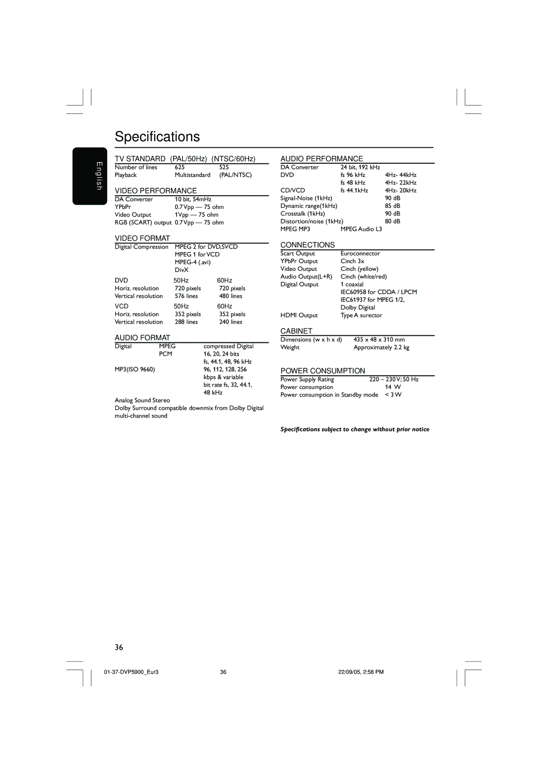 Philips DVP5900 user manual Specifications, Video Performance 