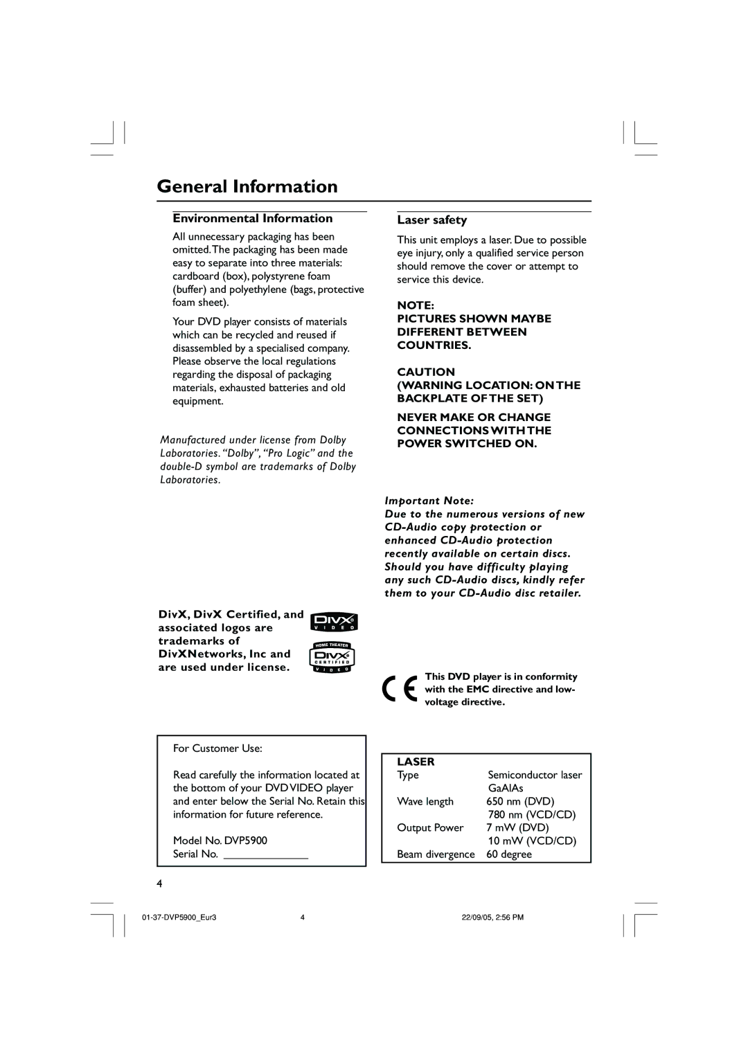 Philips DVP5900 user manual General Information, Laser 