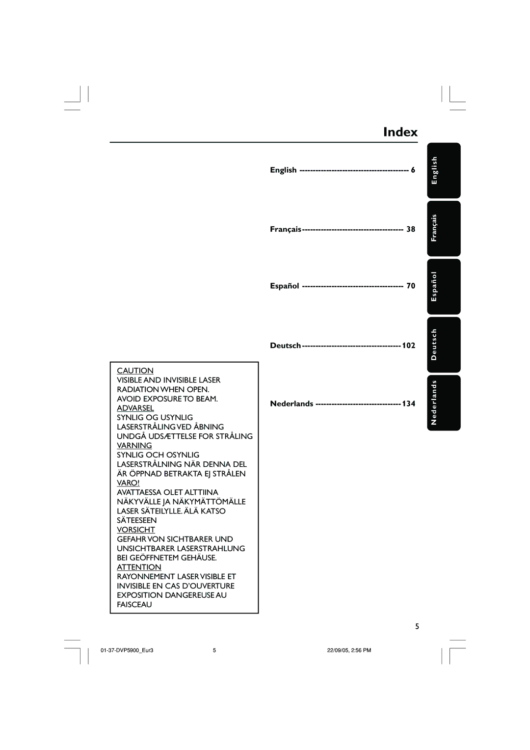 Philips DVP5900 user manual Index, English, Español, 102, Nederlands 134 