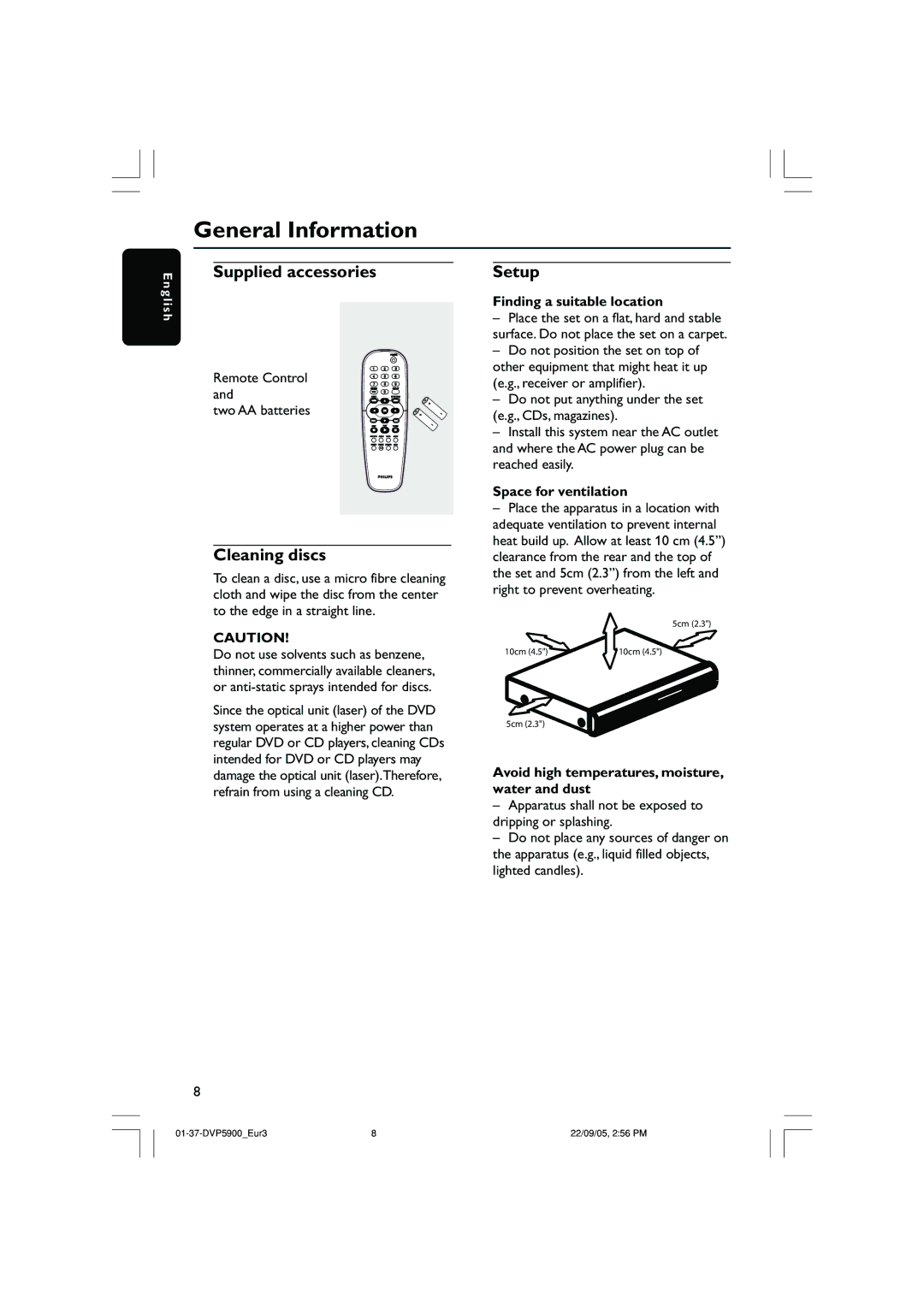 Philips DVP5900 user manual Supplied accessories, Cleaning discs, Setup 