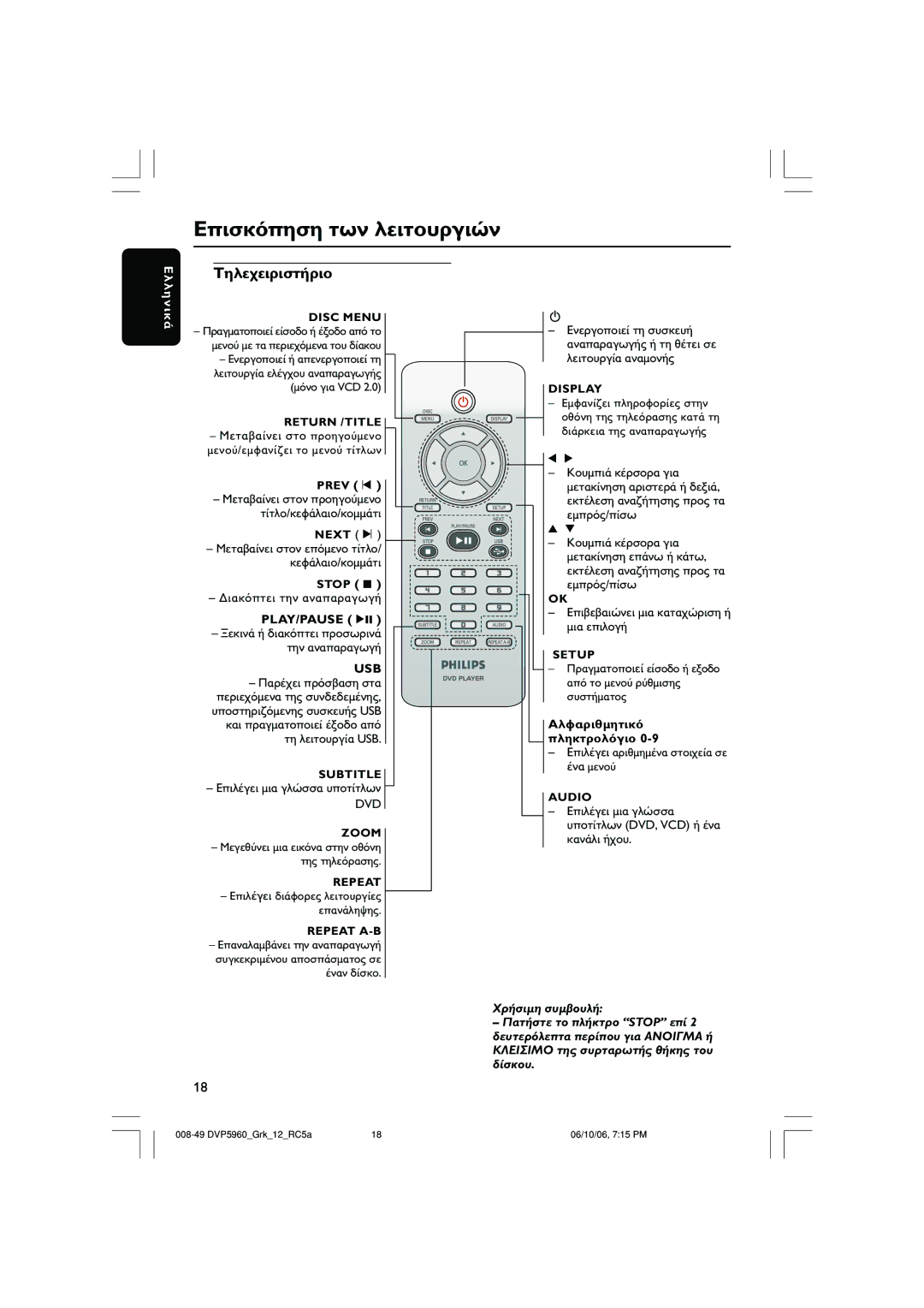 Philips DVP5960 user manual Play/Pause Usb, Dvd, Vcd 