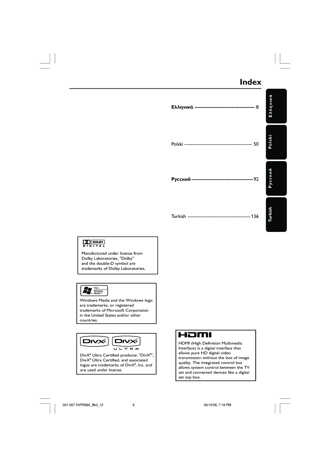 Philips DVP5960 user manual Index 