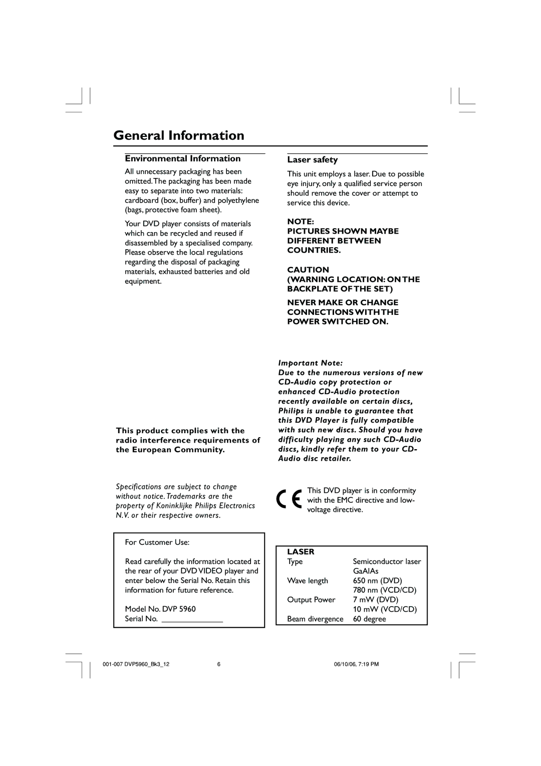 Philips DVP5960 user manual General Information 