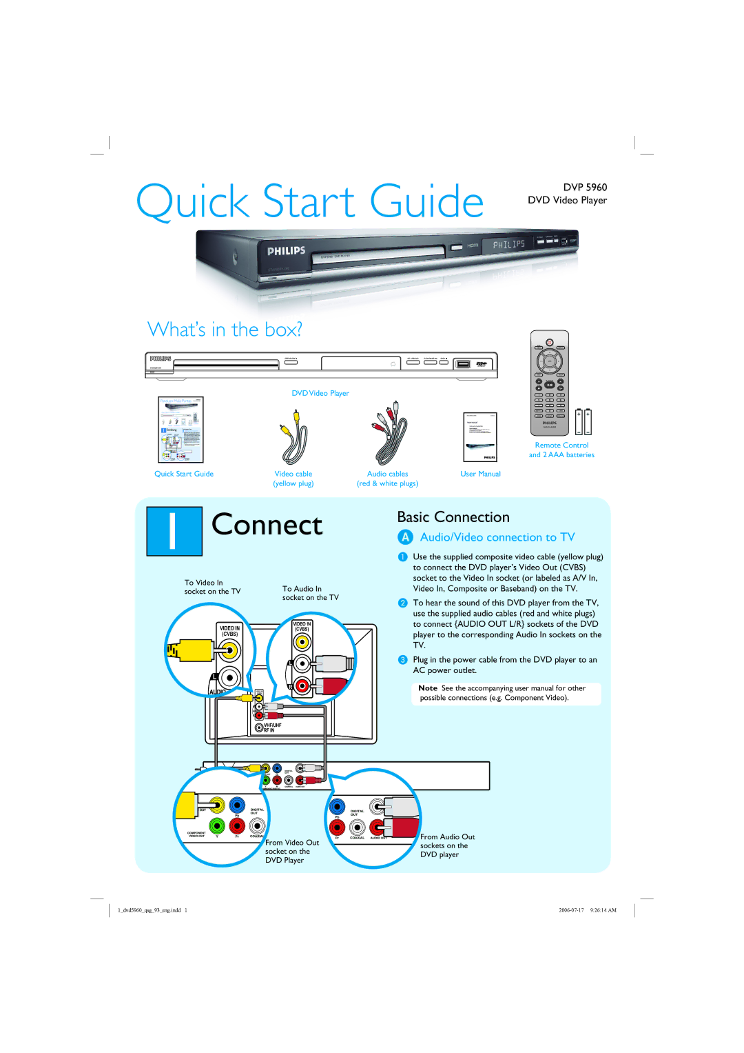 Philips DVP5960/93 quick start Connect, Audio/Video connection to TV 