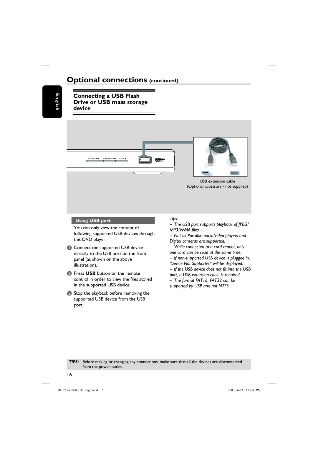 Philips DVP5982 quick start Optional connections, Connecting a USB Flash Drive or USB mass storage device, Using USB port 