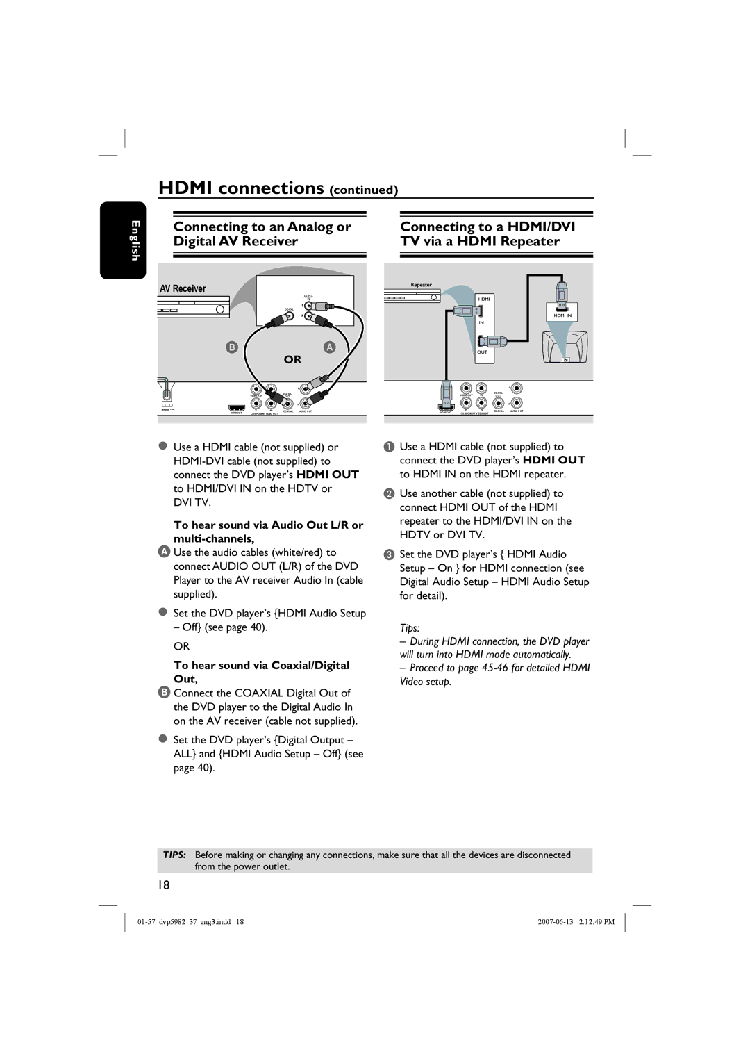 Philips DVP5982 quick start To hear sound via Audio Out L/R or multi-channels, To hear sound via Coaxial/Digital Out 