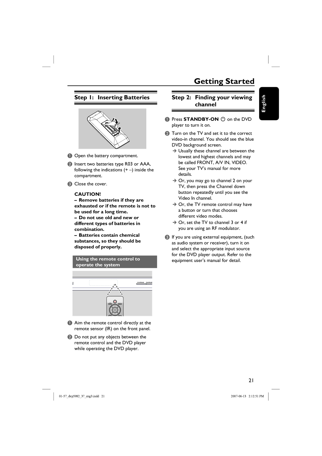 Philips DVP5982 quick start Getting Started, Inserting Batteries, Finding your viewing channel 