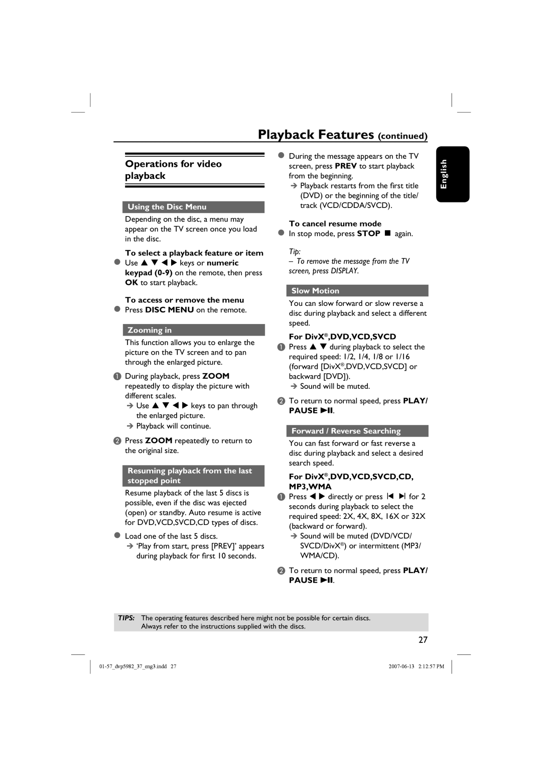 Philips DVP5982 quick start Operations for video playback 