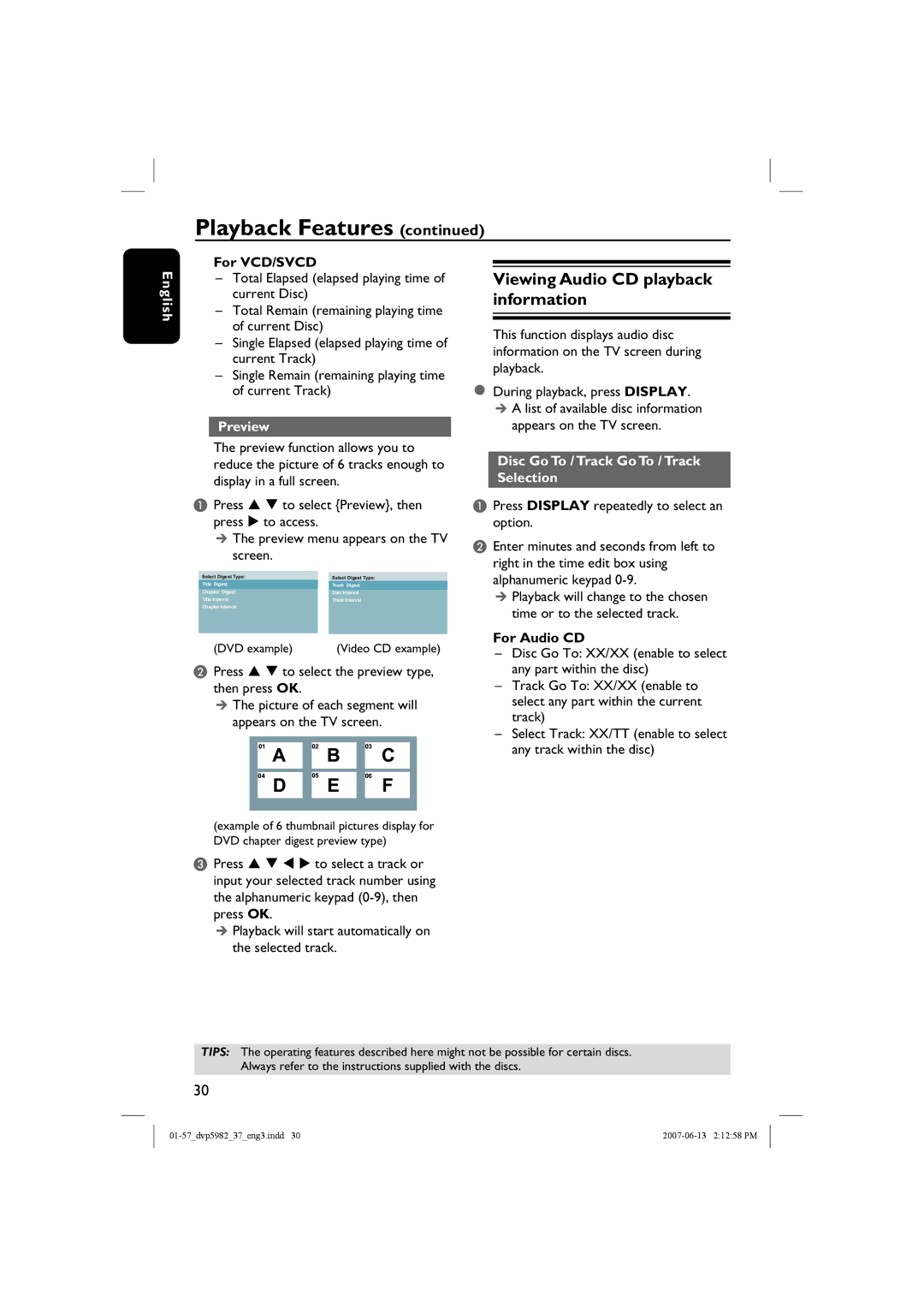 Philips DVP5982 Viewing Audio CD playback information, For VCD/SVCD, Preview, Disc Go To / Track Go To / Track Selection 