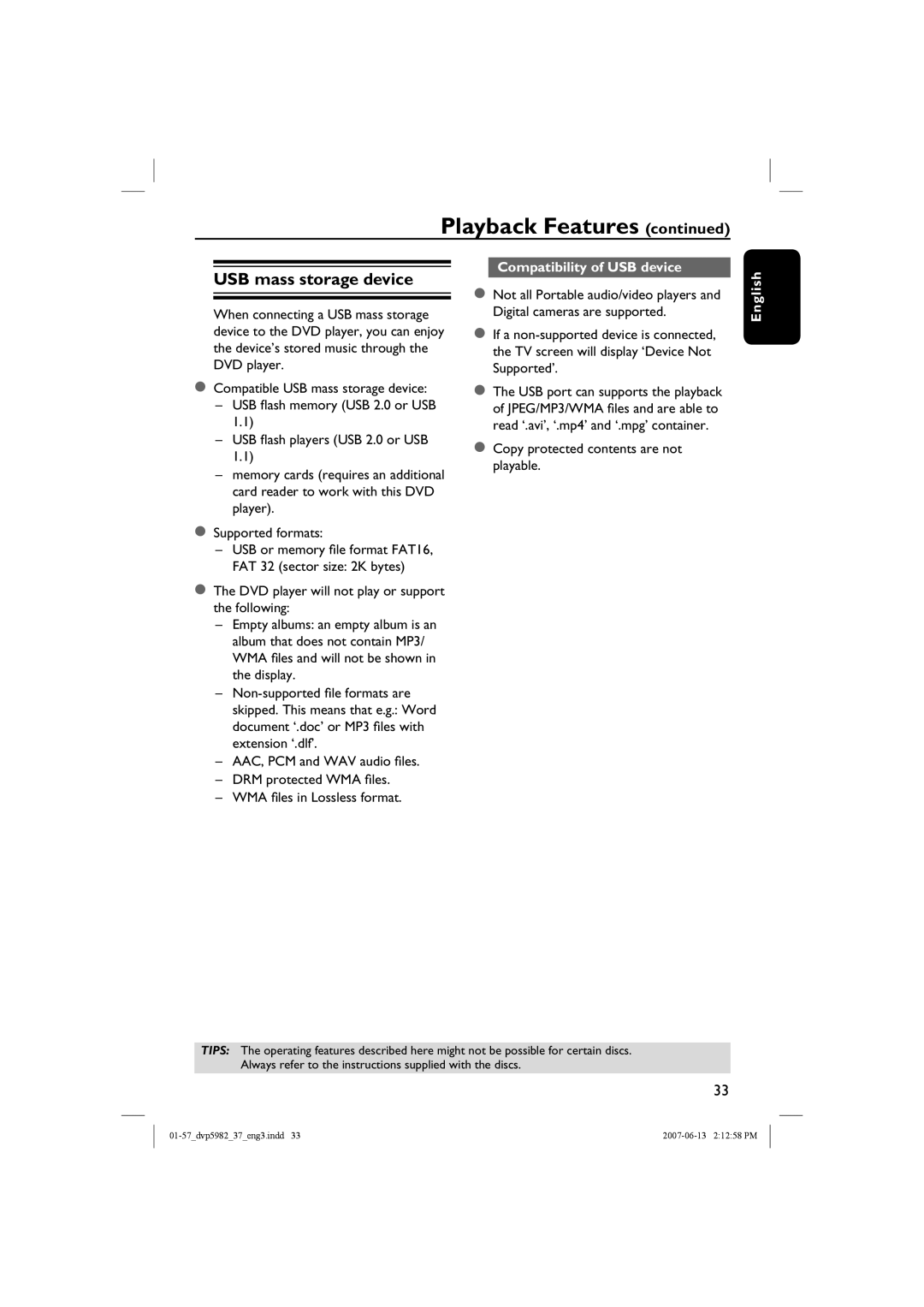 Philips DVP5982 quick start USB mass storage device, Compatibility of USB device, Copy protected contents are not playable 