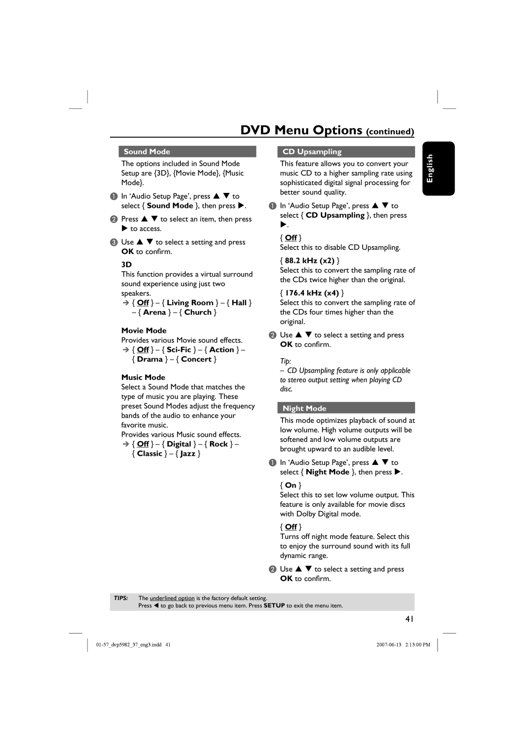 Philips DVP5982 quick start Sound Mode CD Upsampling, Night Mode 