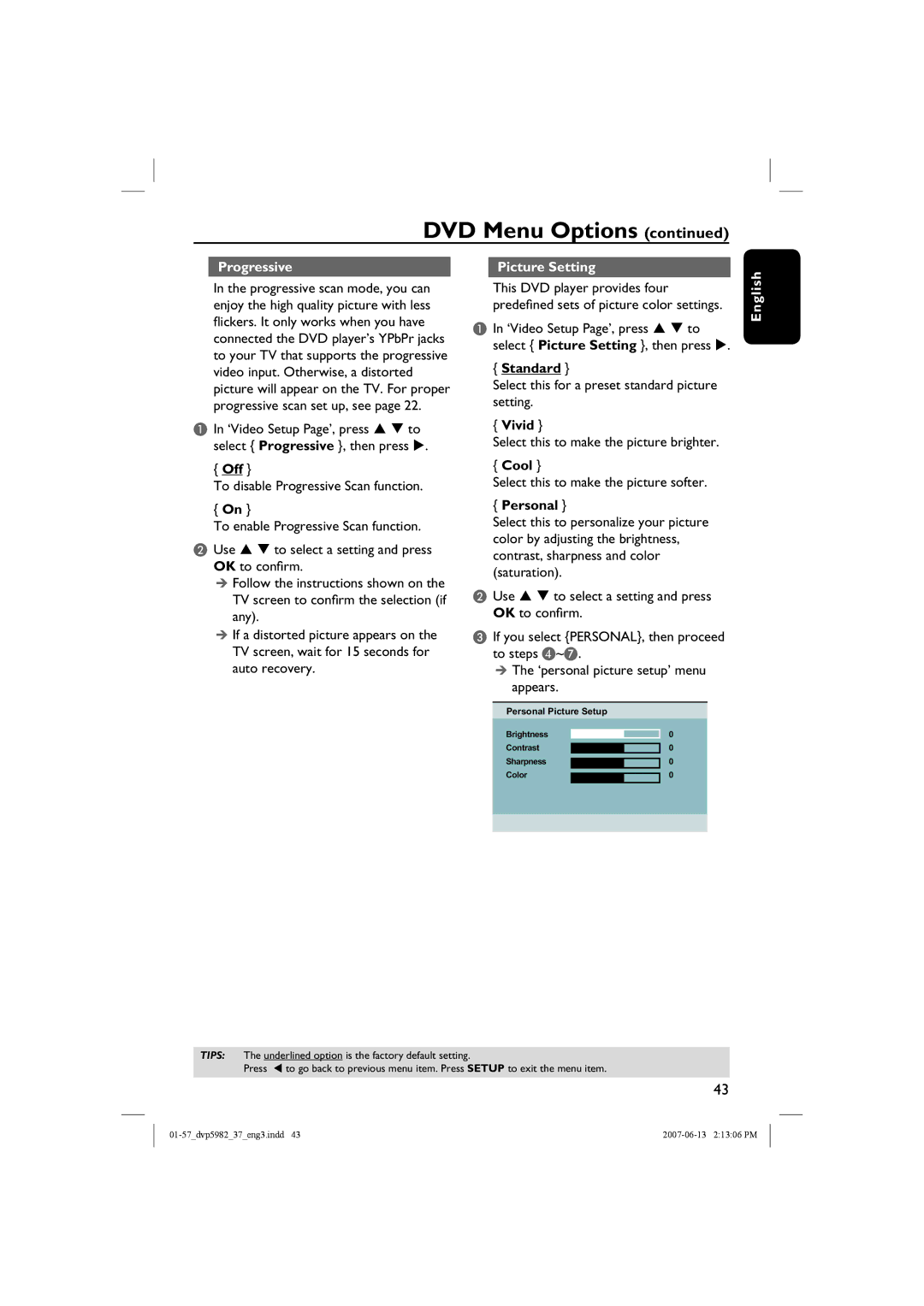 Philips DVP5982 quick start Progressive, Picture Setting 